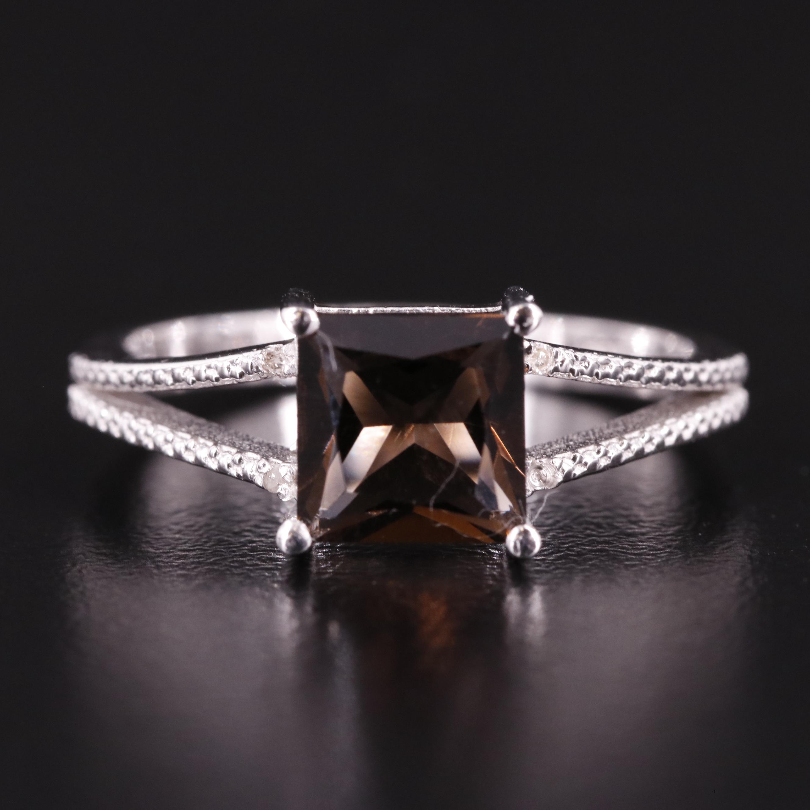 Sterling Smoky Quartz and Diamond Ring