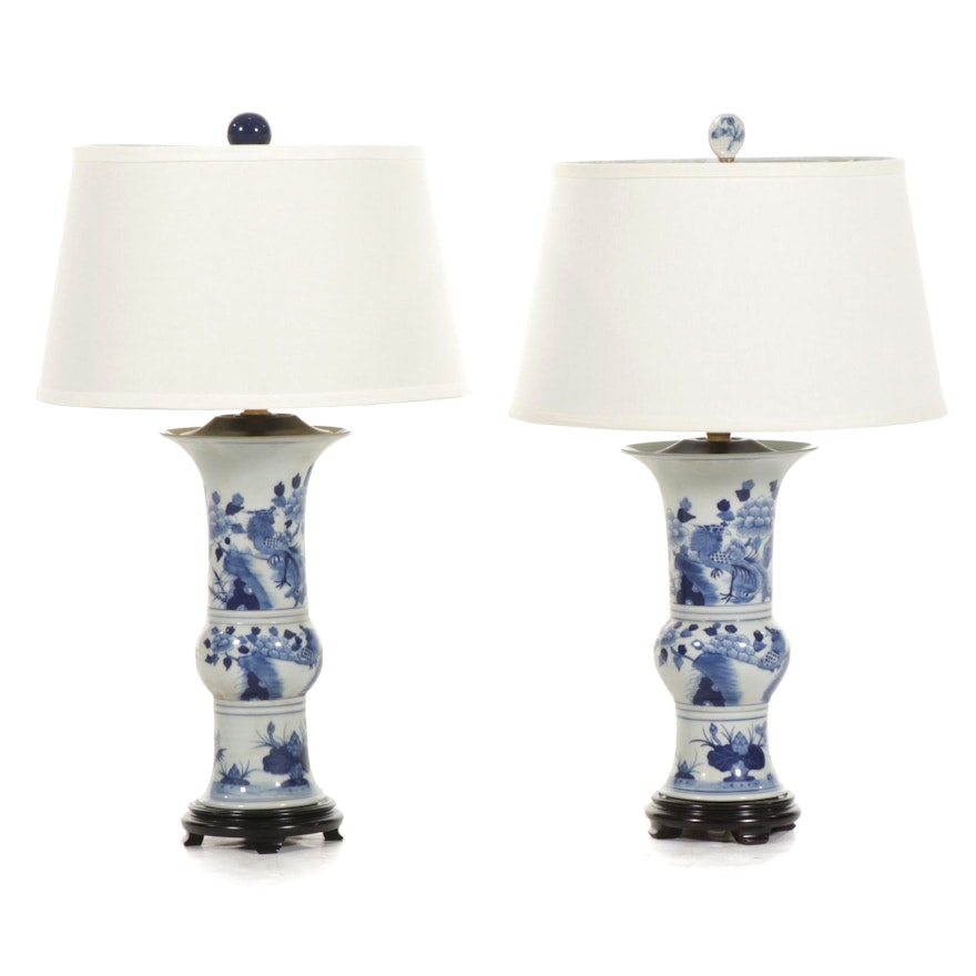 Chinese Blue and White Porcelain Gu Beaker Vase Table Lamps