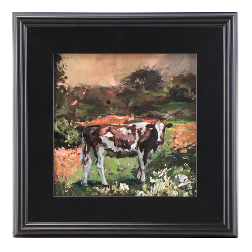 Agnes Rey Oil Painting of a Landscape with a Cow, 2023