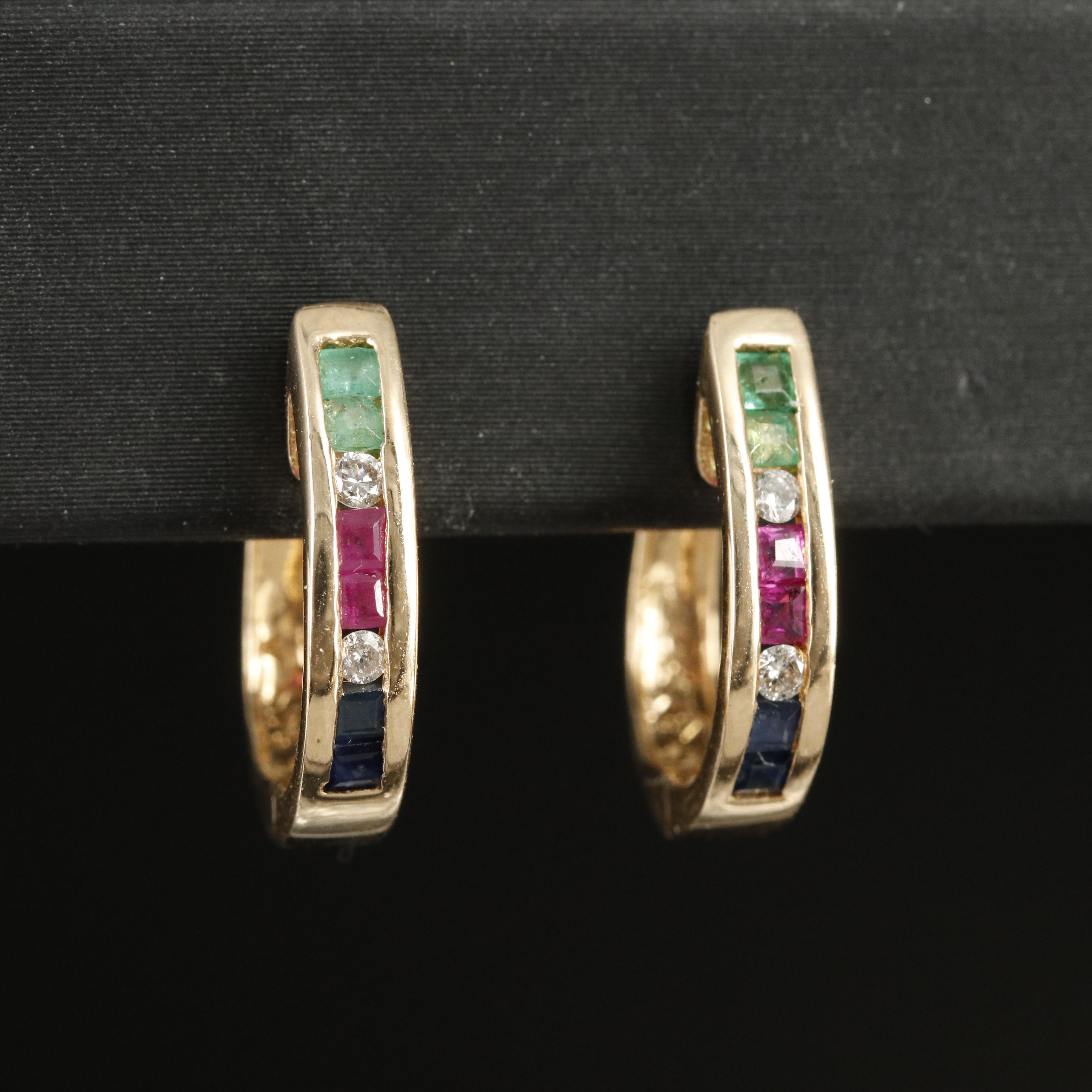 14K Diamond and Gemstone Hoop Earrings
