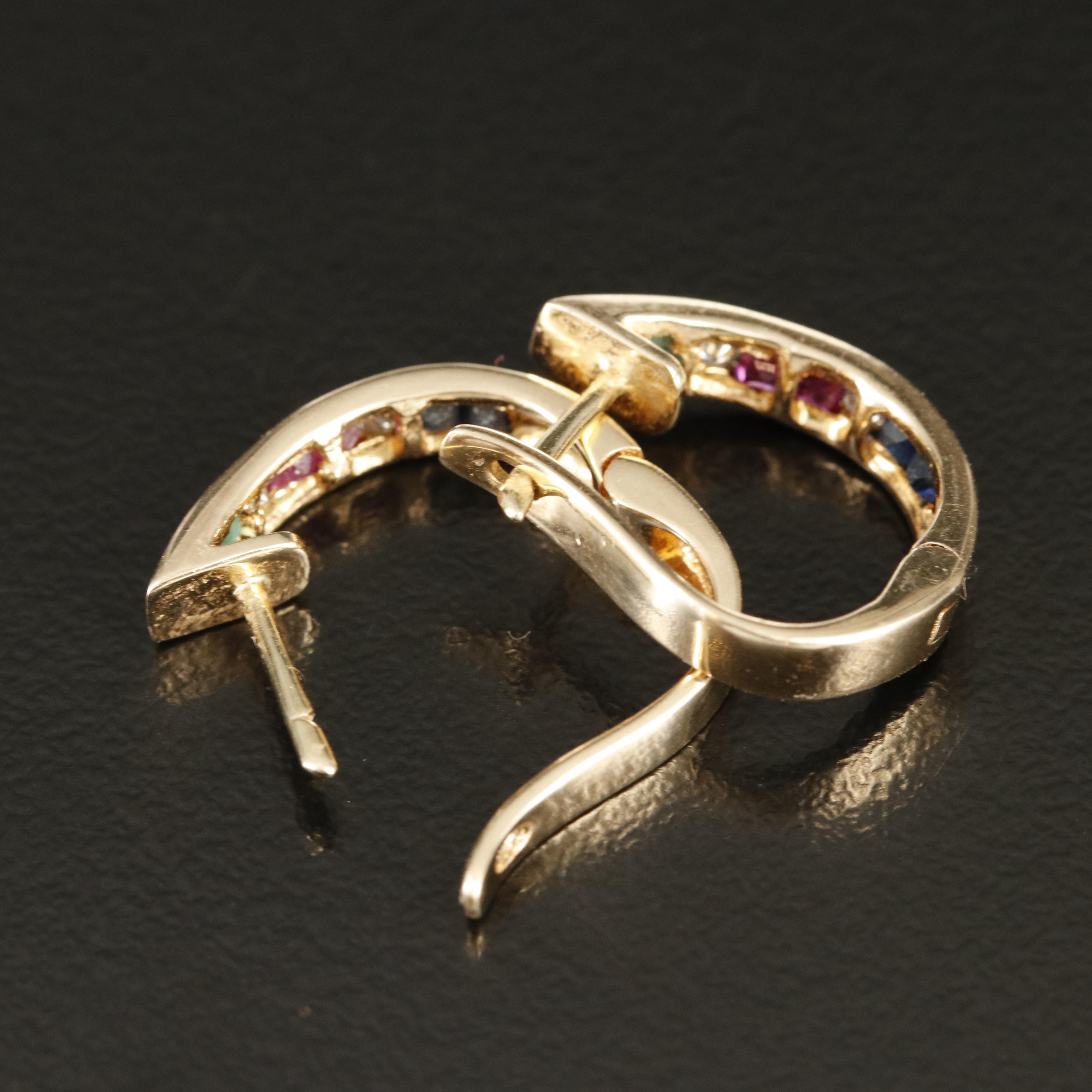 14K Diamond and Gemstone Hoop Earrings