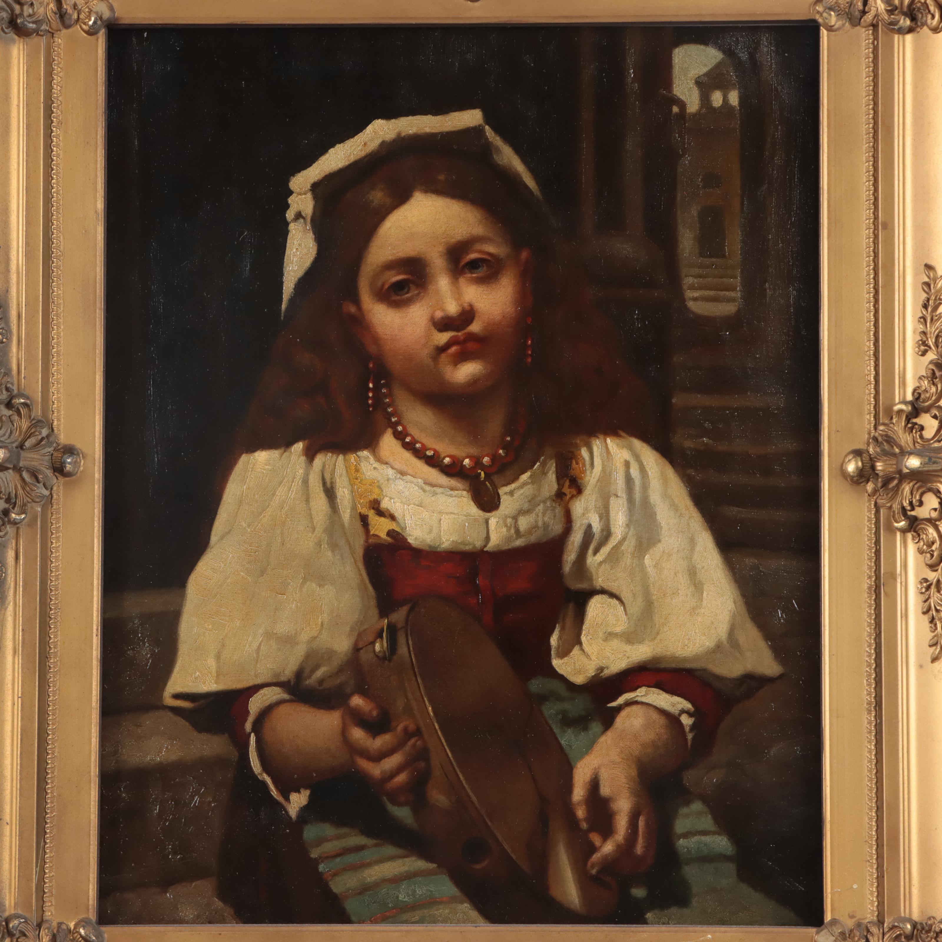 Italian School Oil Painting of Young Girl With Tambourine, 19th Century