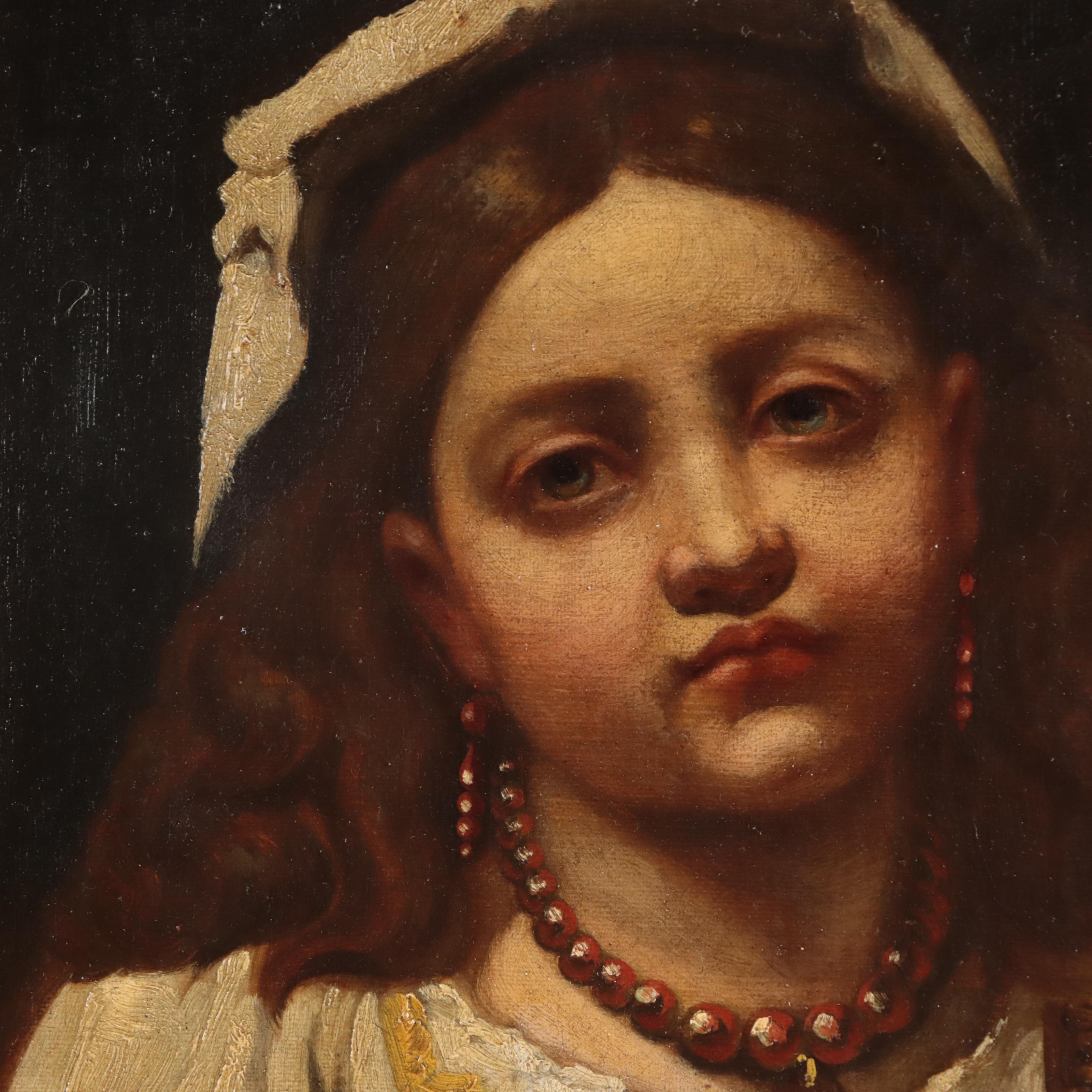 Italian School Oil Painting of Young Girl With Tambourine, 19th Century