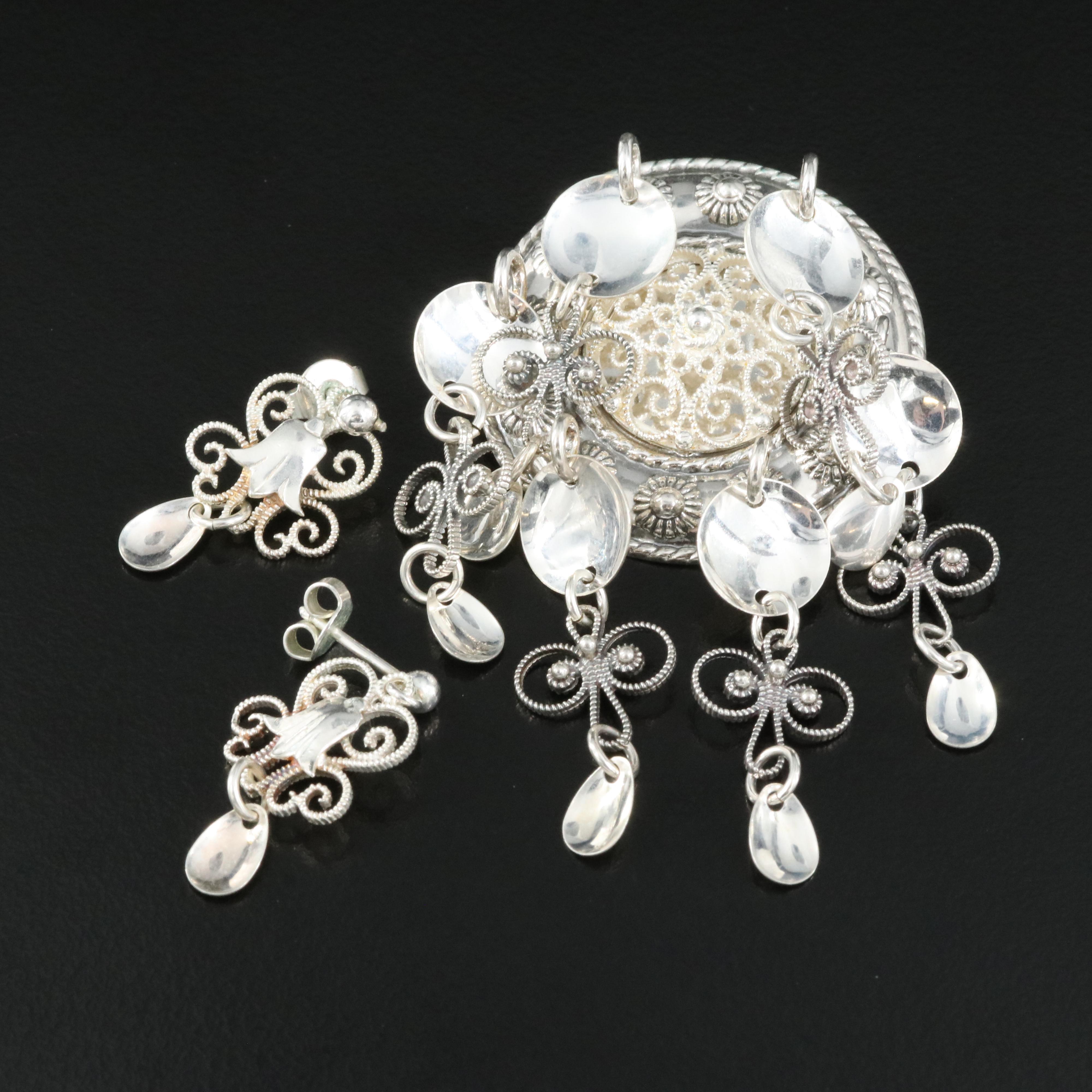Scandanavian "Solje" 830 Silver Wedding Brooch and Sterling Earrings