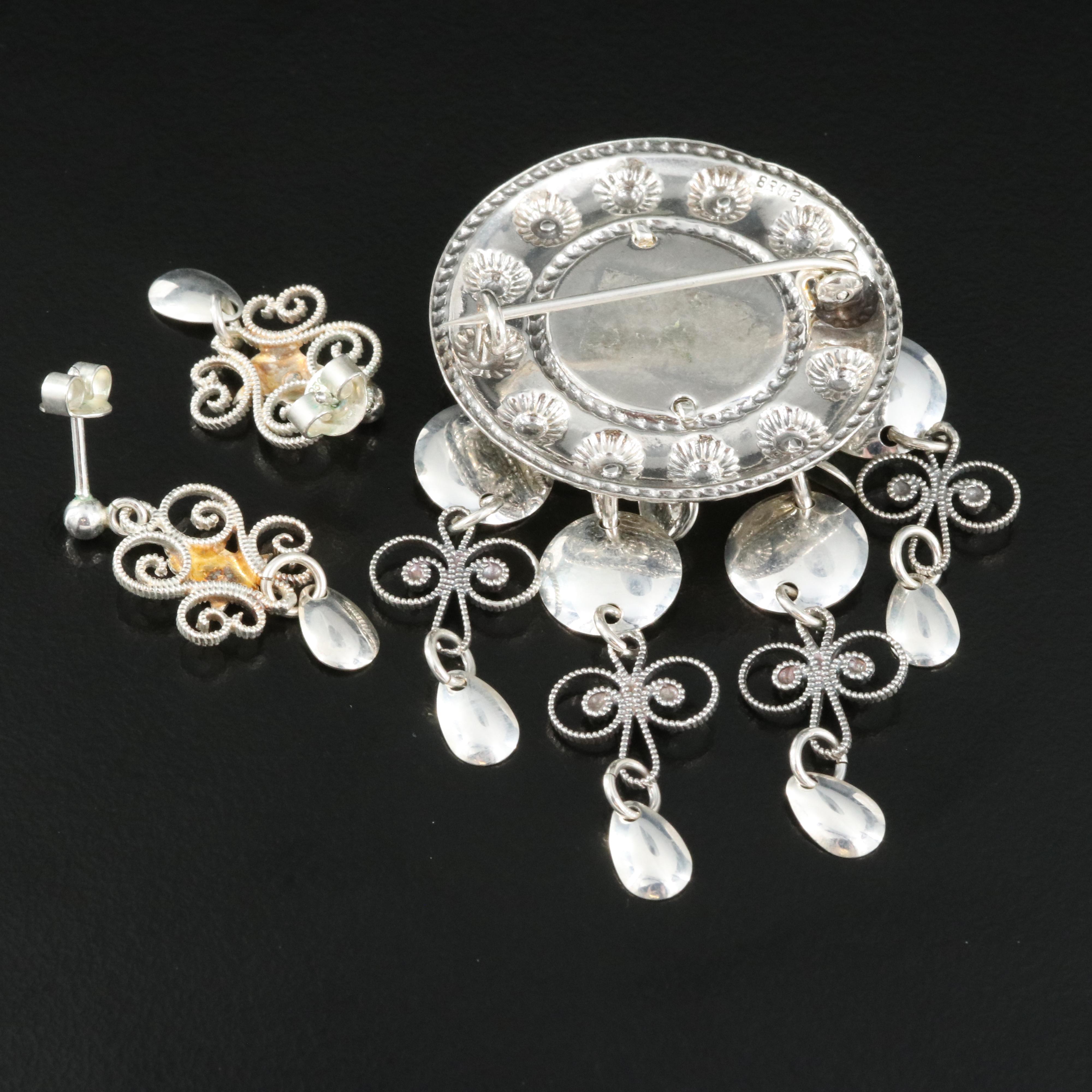 Scandanavian "Solje" 830 Silver Wedding Brooch and Sterling Earrings