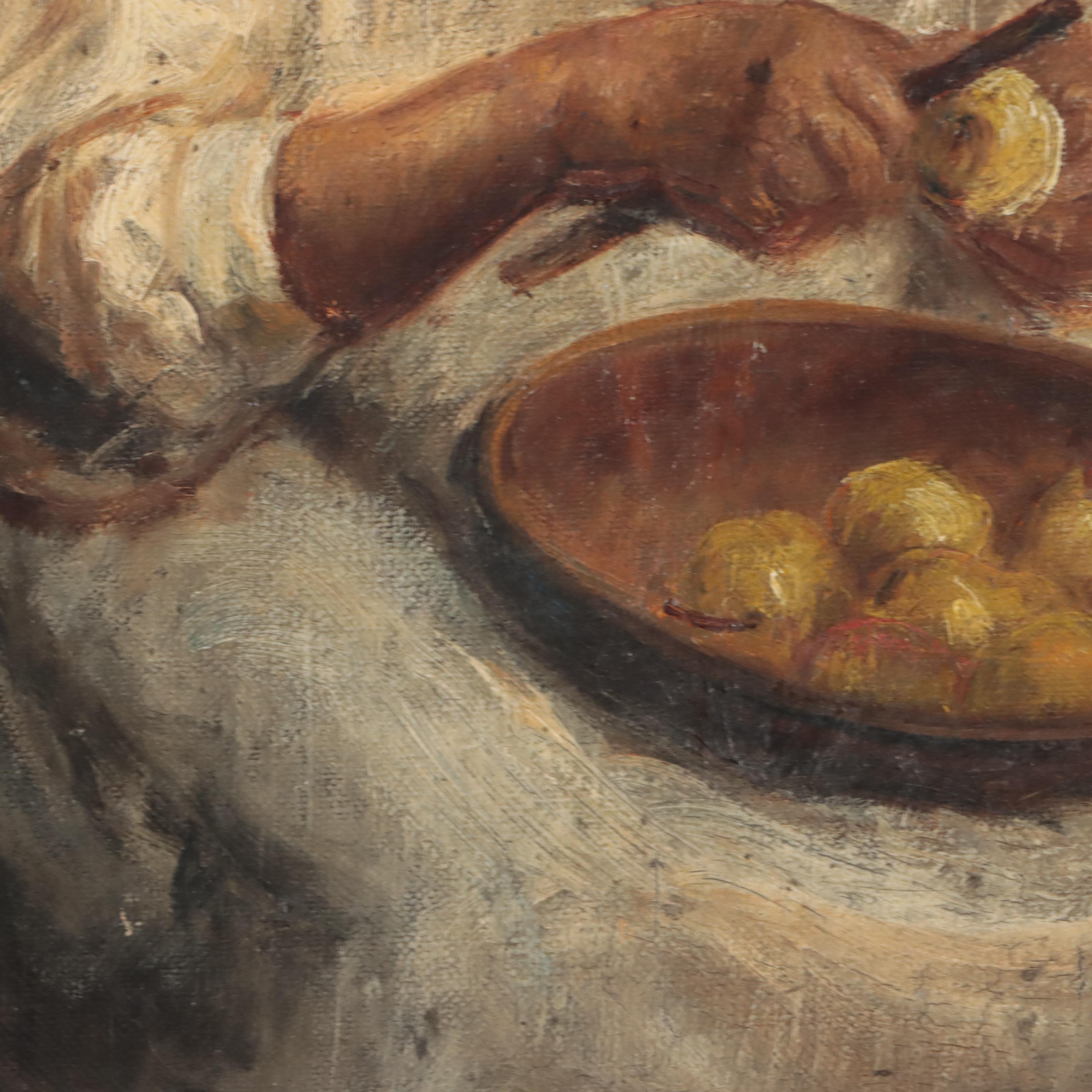 Oil Painting of Figure Peeling Fruit