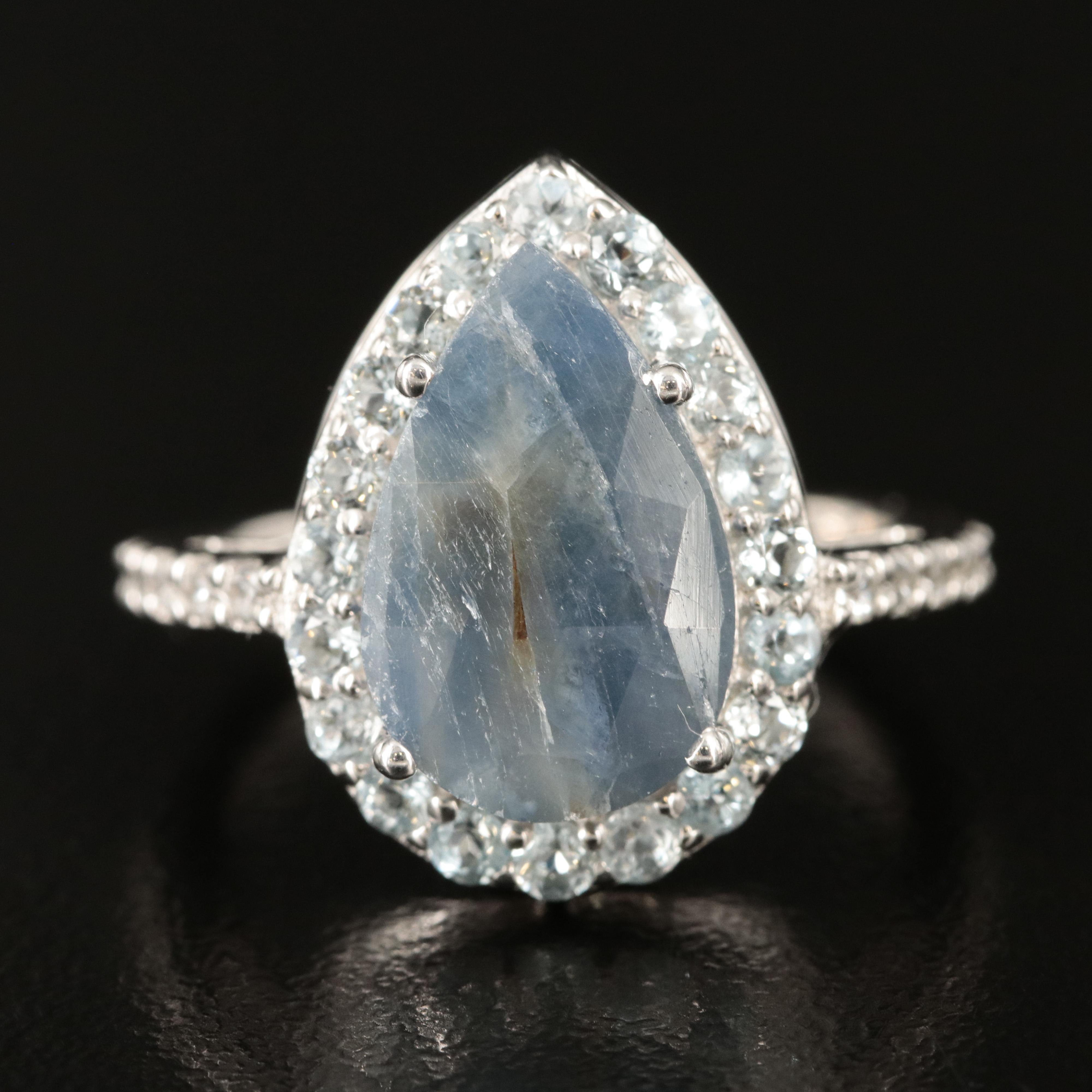 Sterling Sapphire and Topaz Teardrop Halo Ring