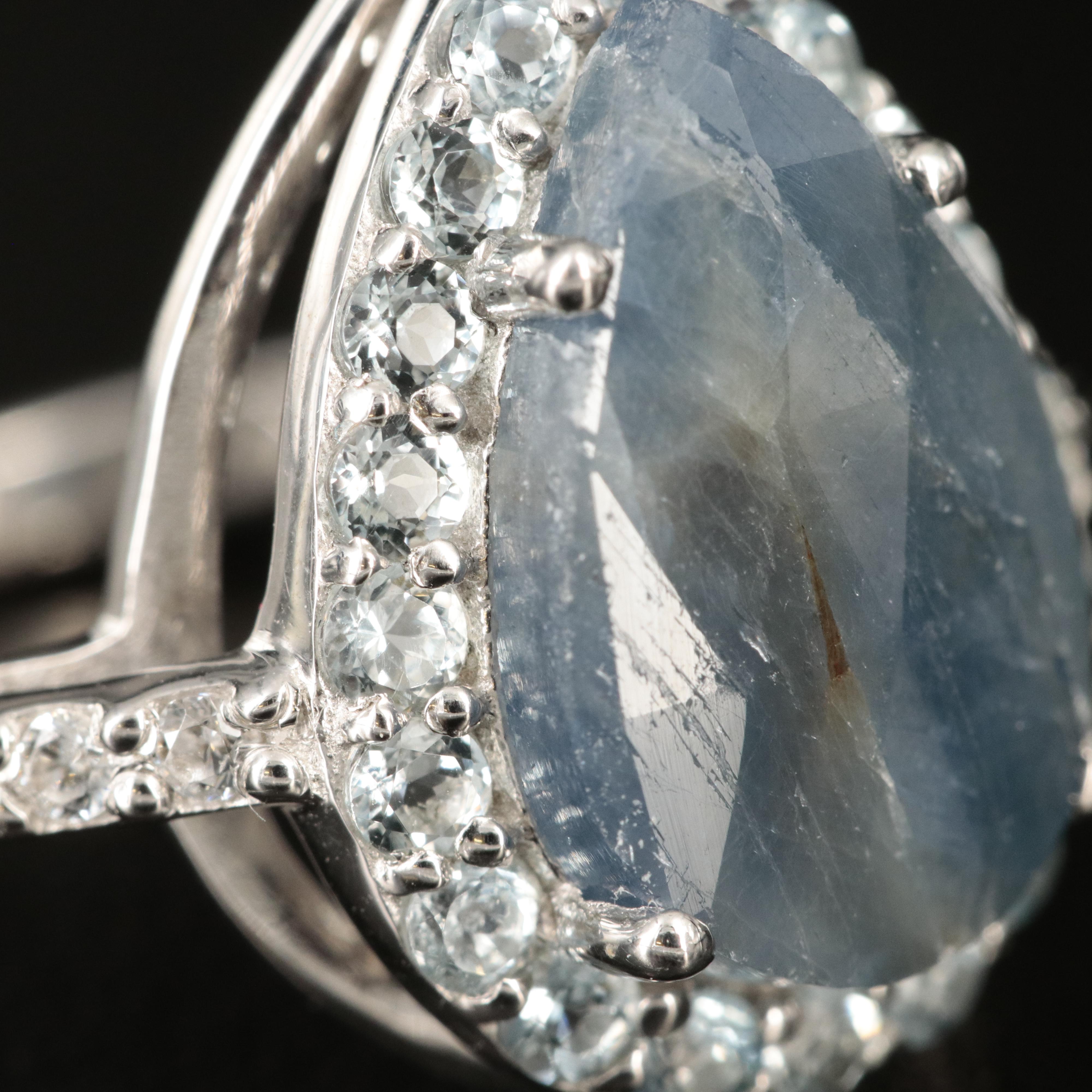 Sterling Sapphire and Topaz Teardrop Halo Ring