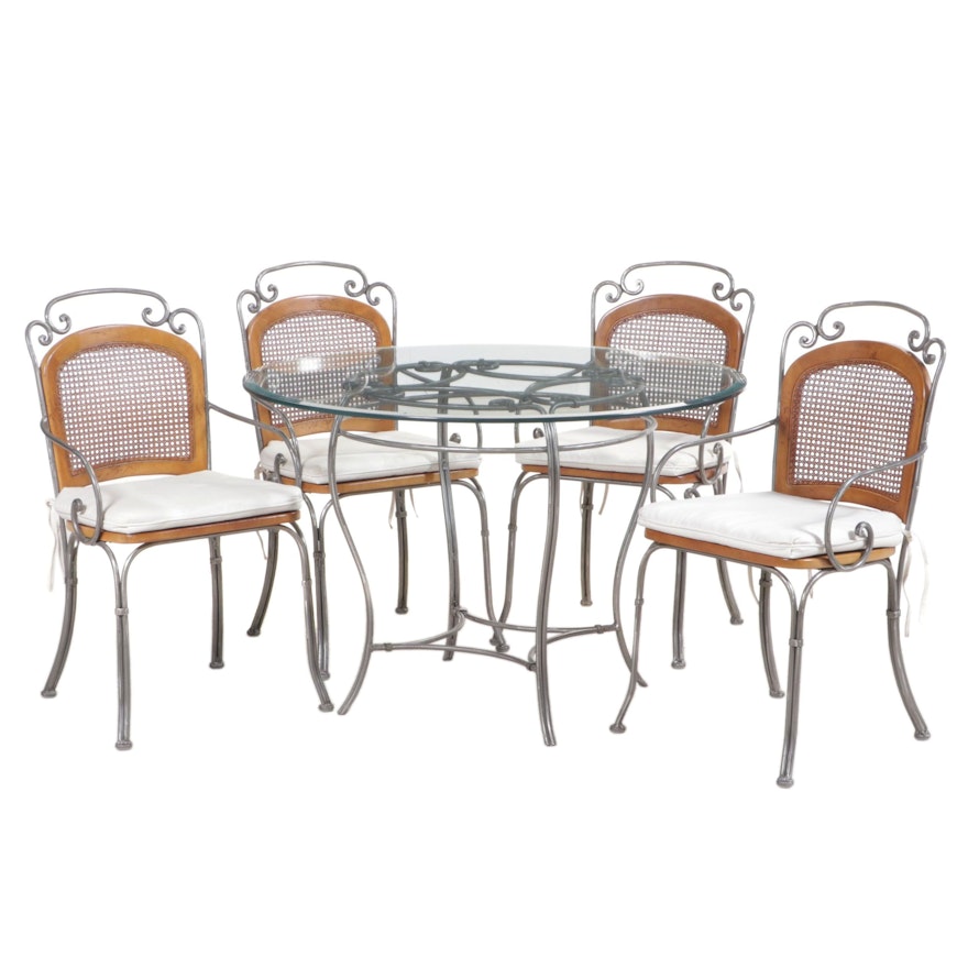 Contemporary Glass Top Wrought Metal Dining Table and Four Chairs