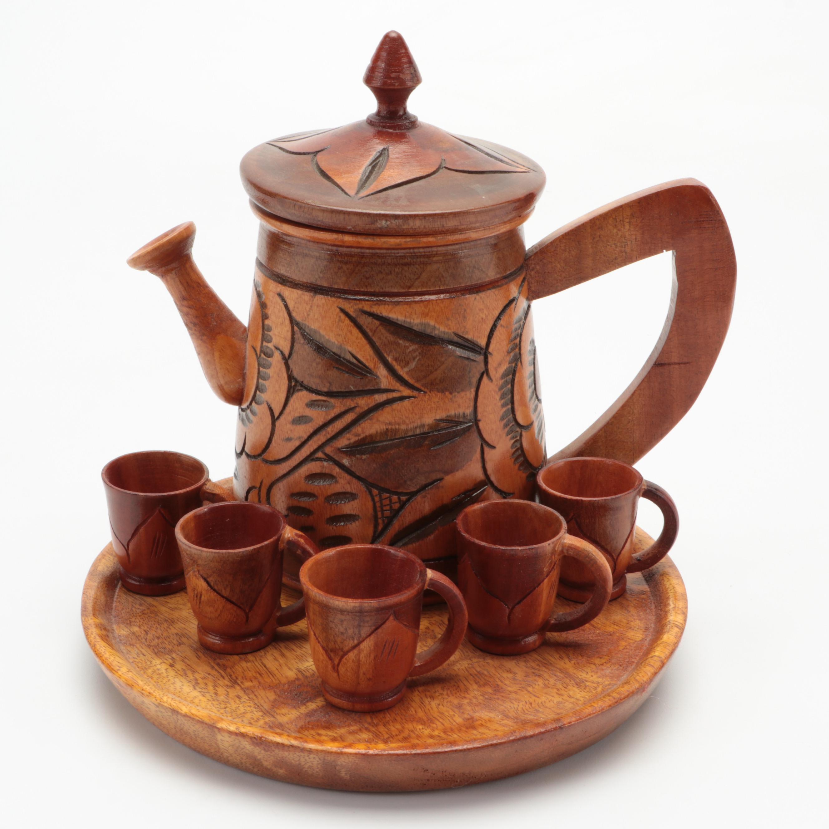 Folk Art Carved Pitcher and Mug Collection with Korean and Chinese Brasses