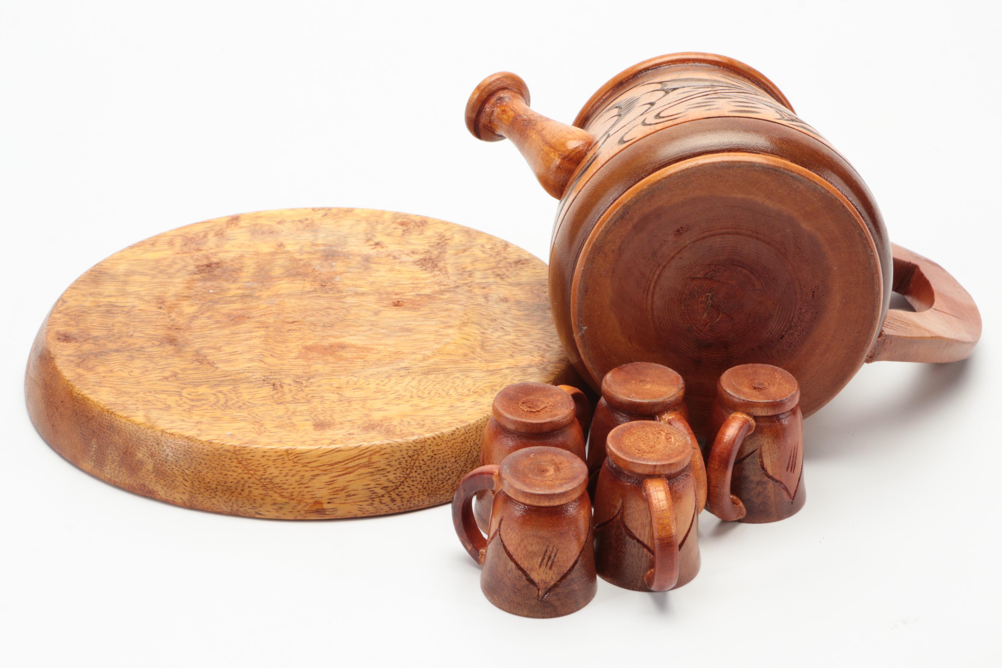 Folk Art Carved Pitcher and Mug Collection with Korean and Chinese Brasses