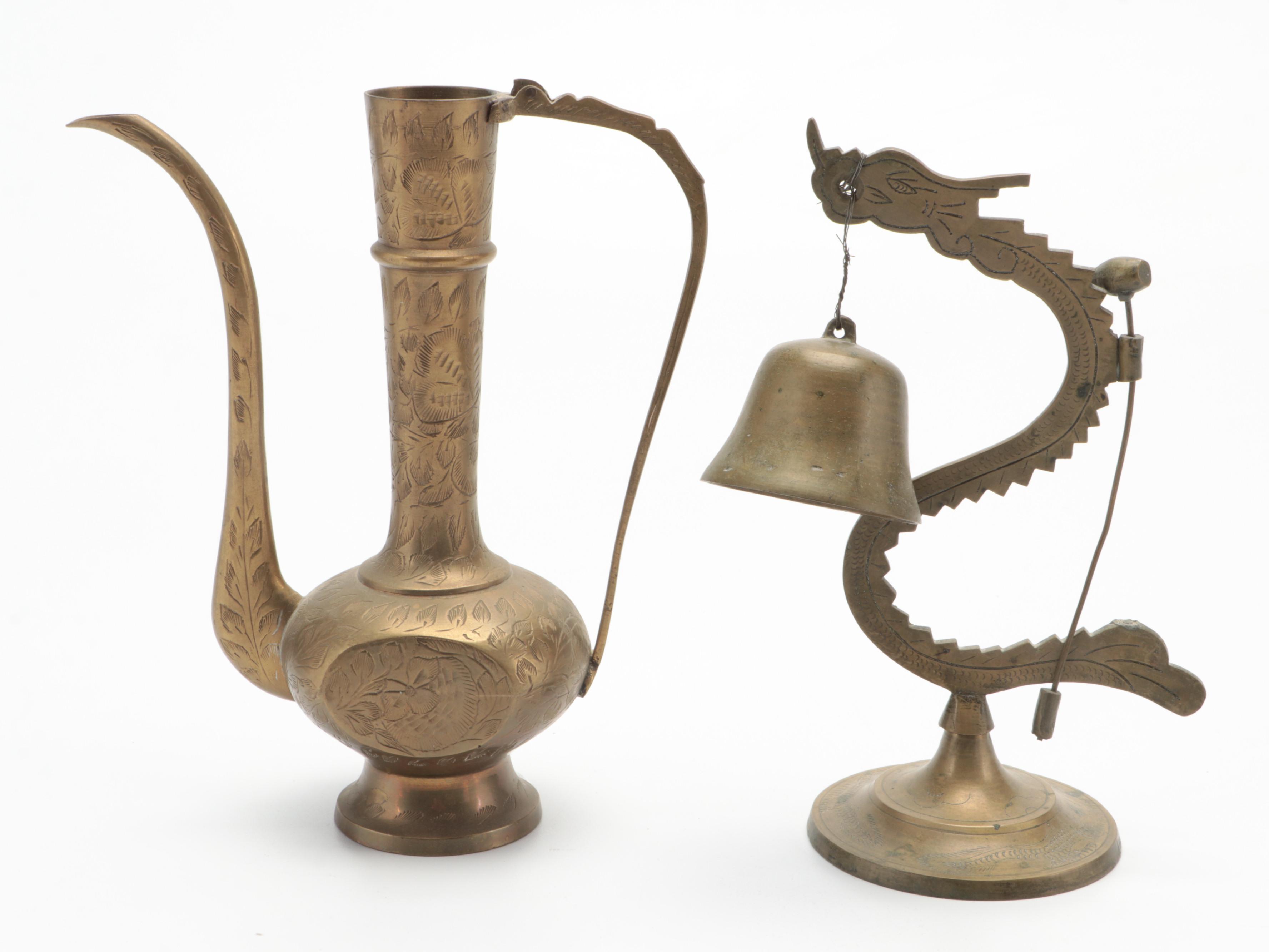 Folk Art Carved Pitcher and Mug Collection with Korean and Chinese Brasses