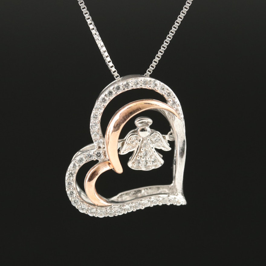 Sterling Sapphire Heart and  Angel Pendant Necklace with 10K Rose Gold Accent