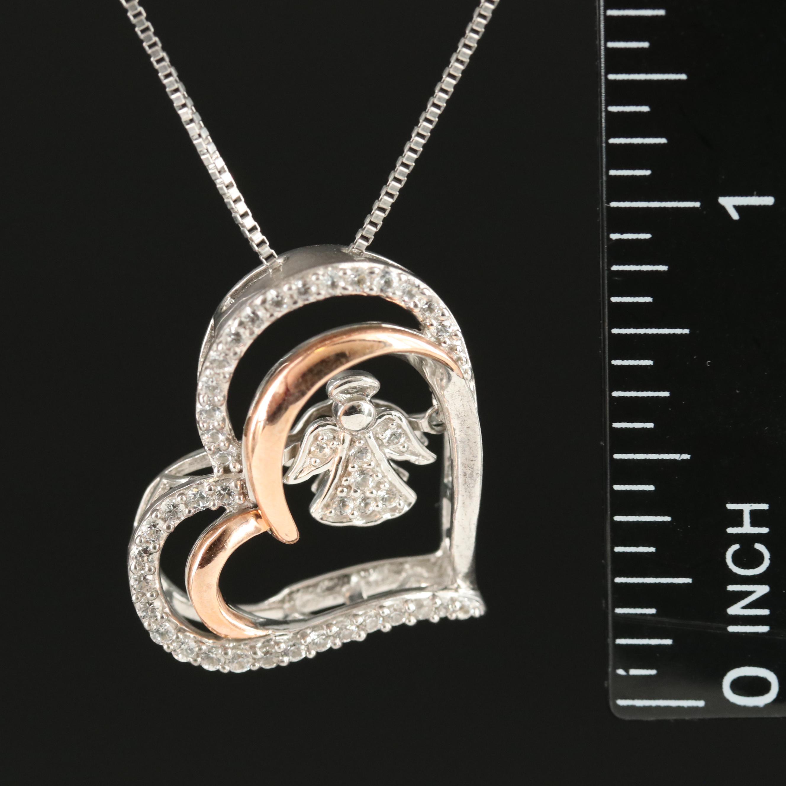 Sterling Sapphire Heart and  Angel Pendant Necklace with 10K Rose Gold Accent