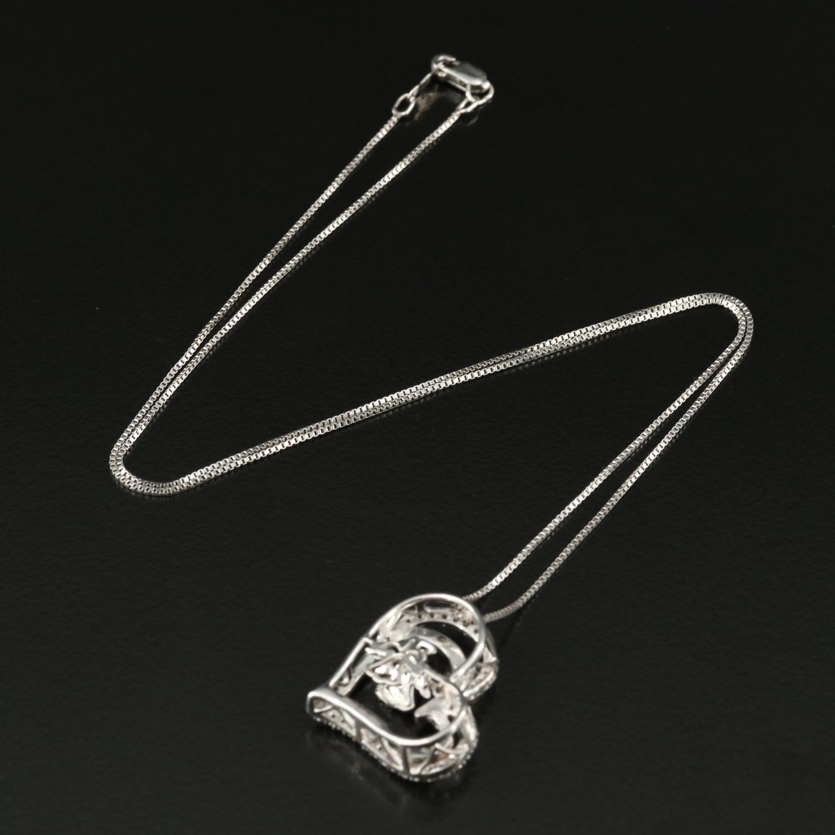 Sterling Sapphire Heart and  Angel Pendant Necklace with 10K Rose Gold Accent