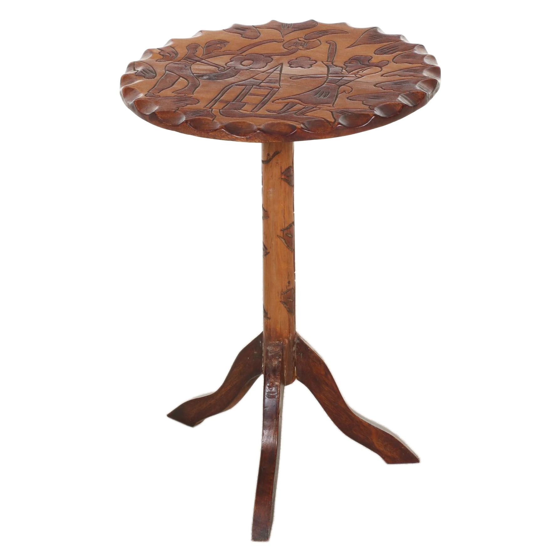 Haitian Style Folk-Carved Wooden Tilt Top Pedestal Table