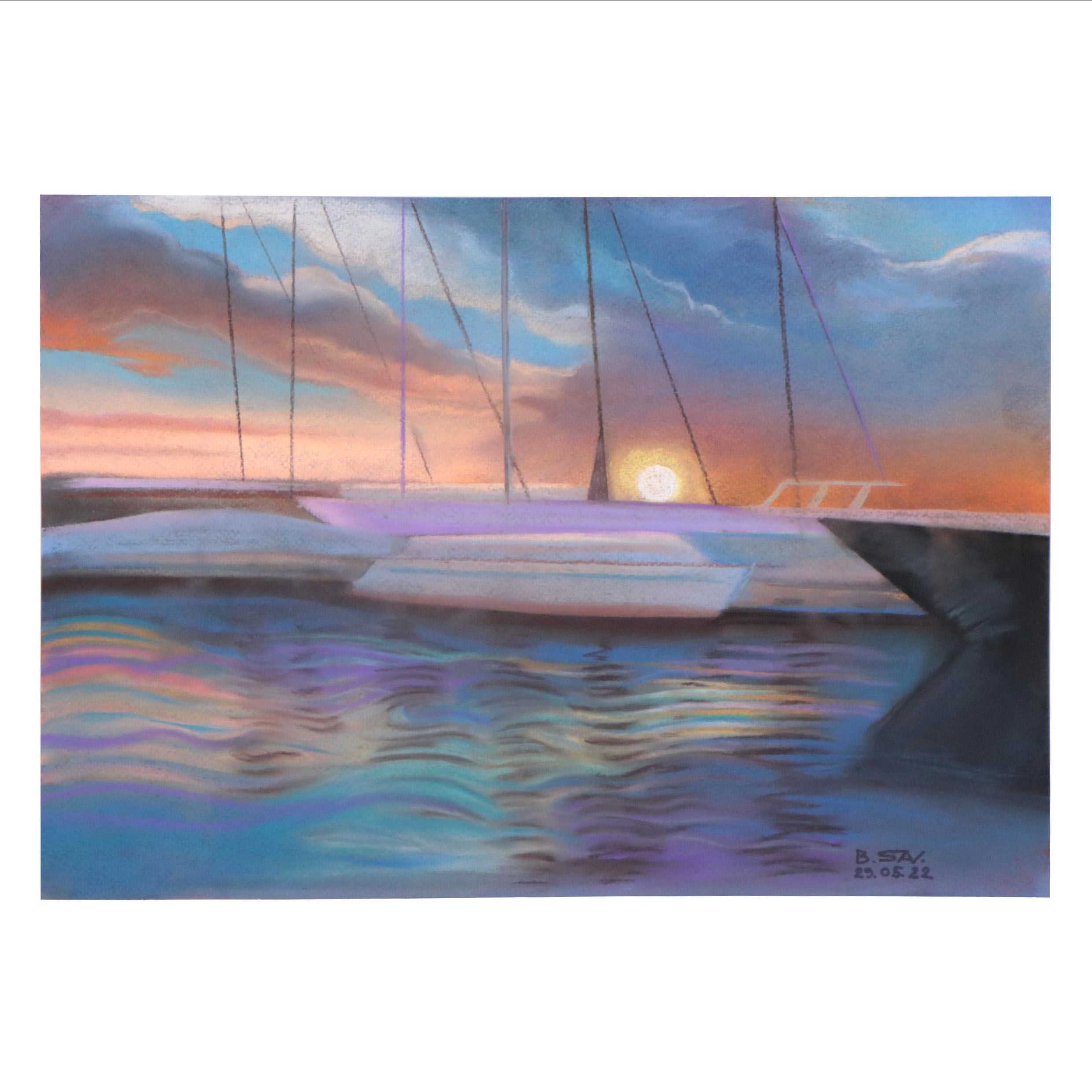 Pastel Drawing of Boats in a Harbor, 2022
