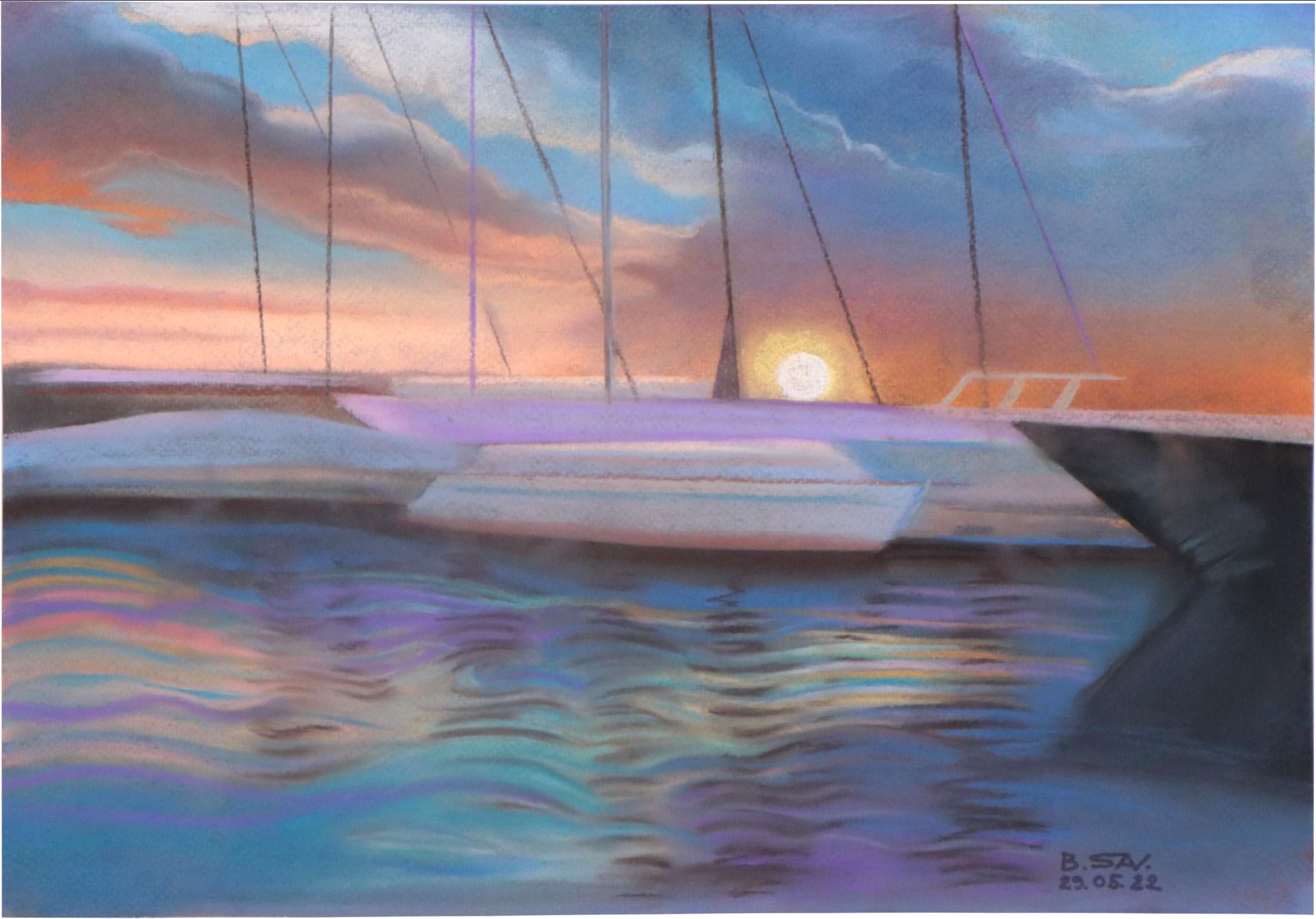 Pastel Drawing of Boats in a Harbor, 2022