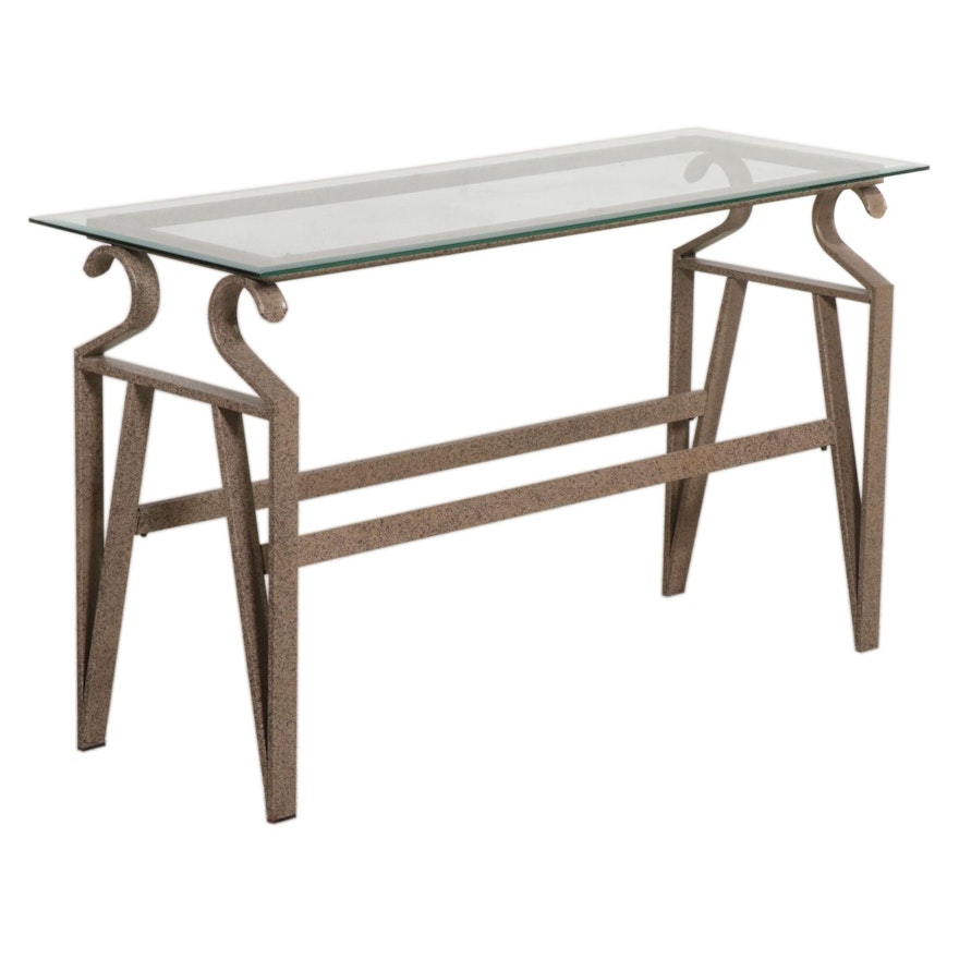 Patinated Metal and Glass Top Console Table