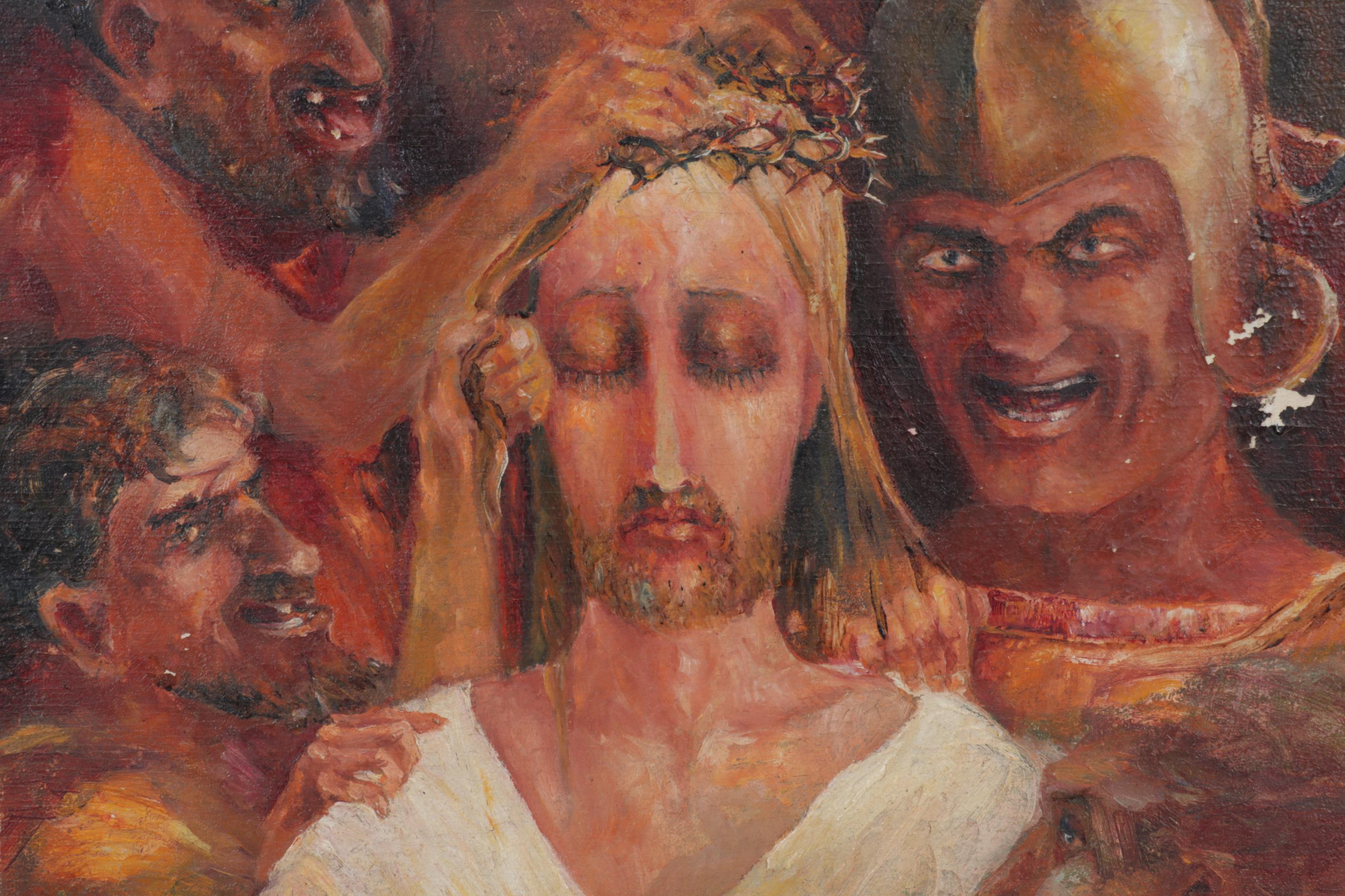 Karl Sundstrom Folk Art Oil Painting of Jesus Wearing Crown of Thorns
