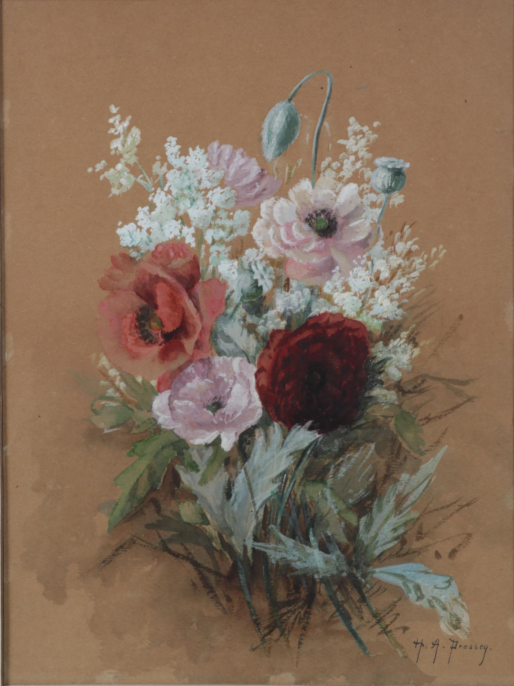 Helen A. Pressey Watercolor and Gouache Painting of Flowers, Early 20th Century