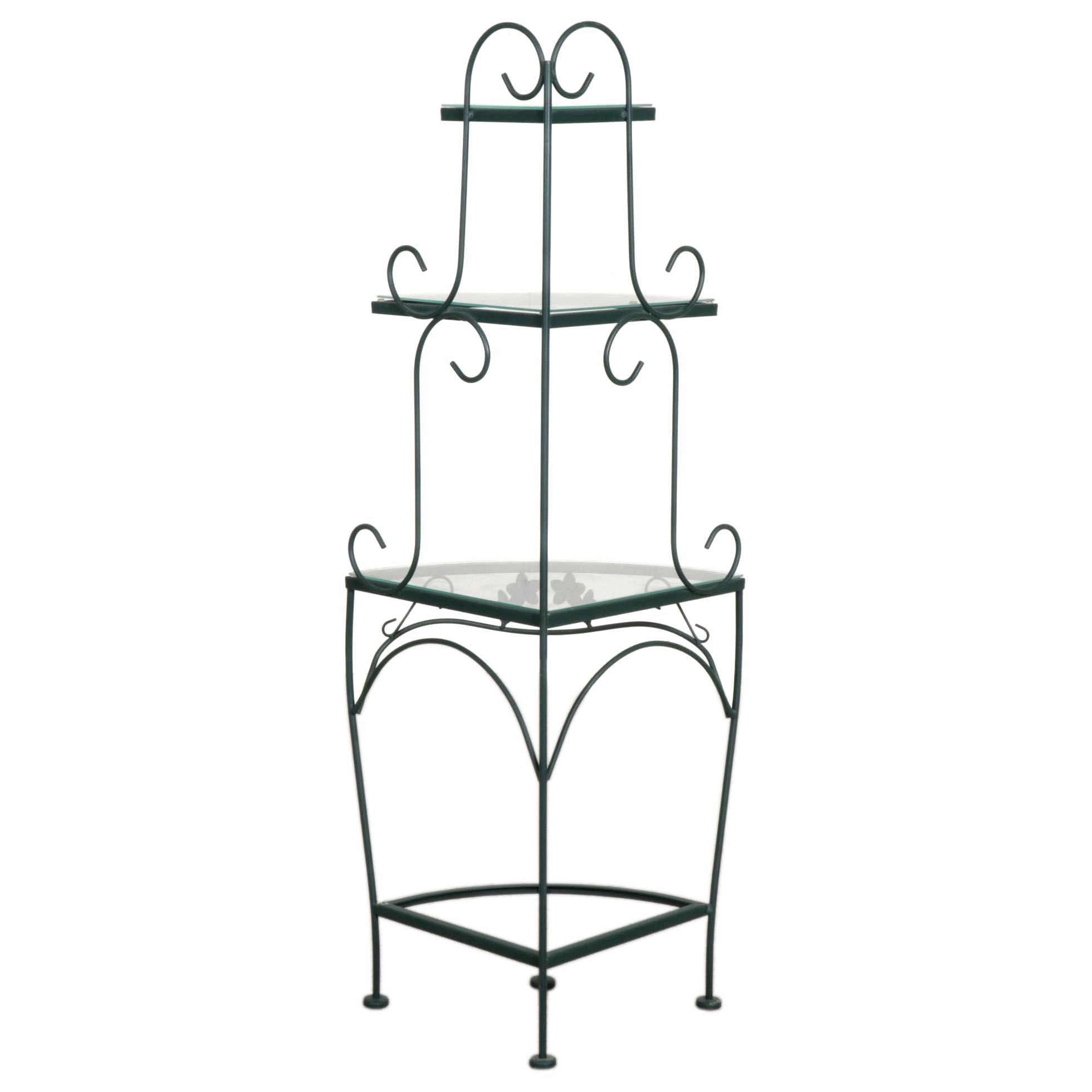 Scrolled Metal and Glass Shelf Tiered Corner Étagère