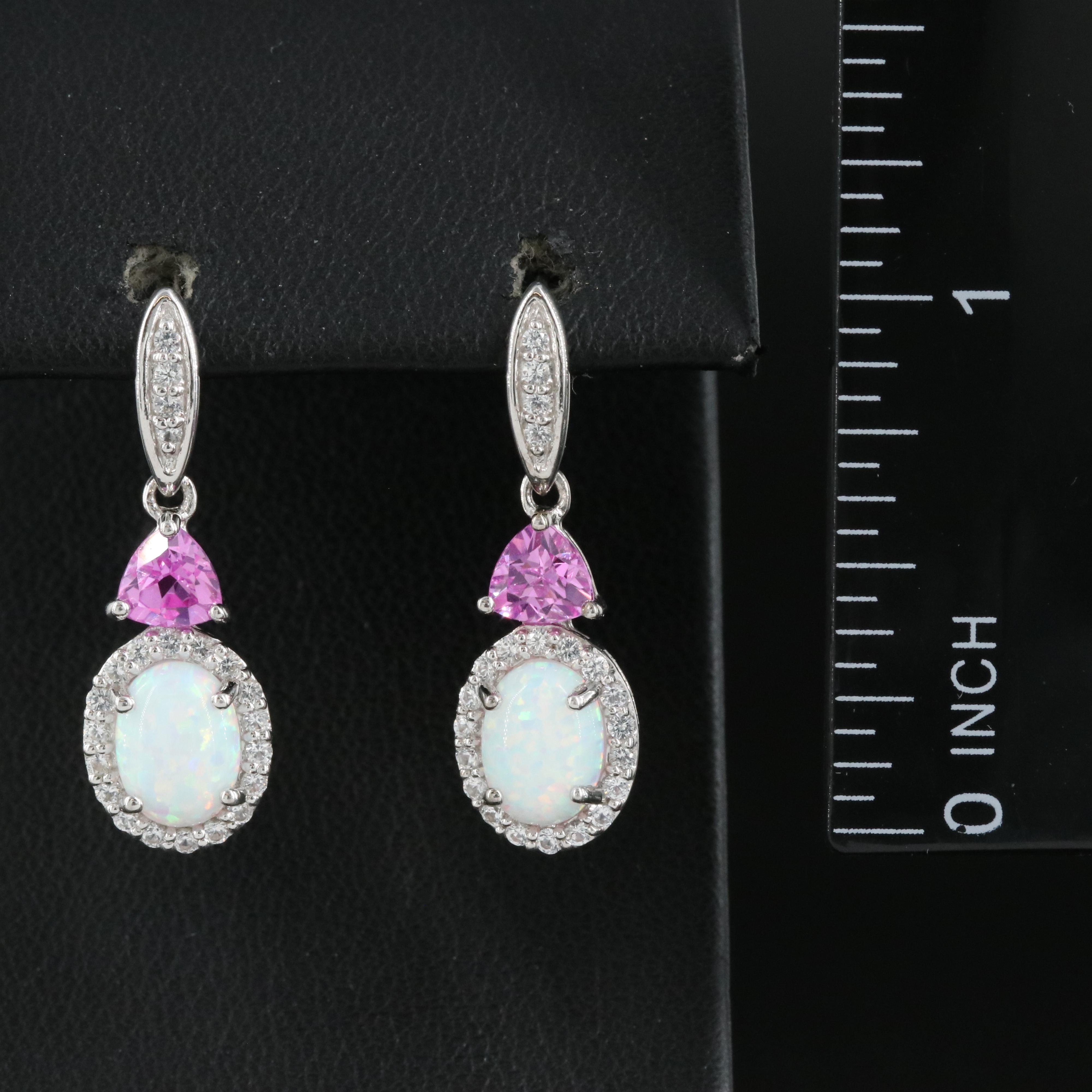 Sterling Lab Grown Opal, Lab Grown Pink Sapphire and White Sapphire Earrings