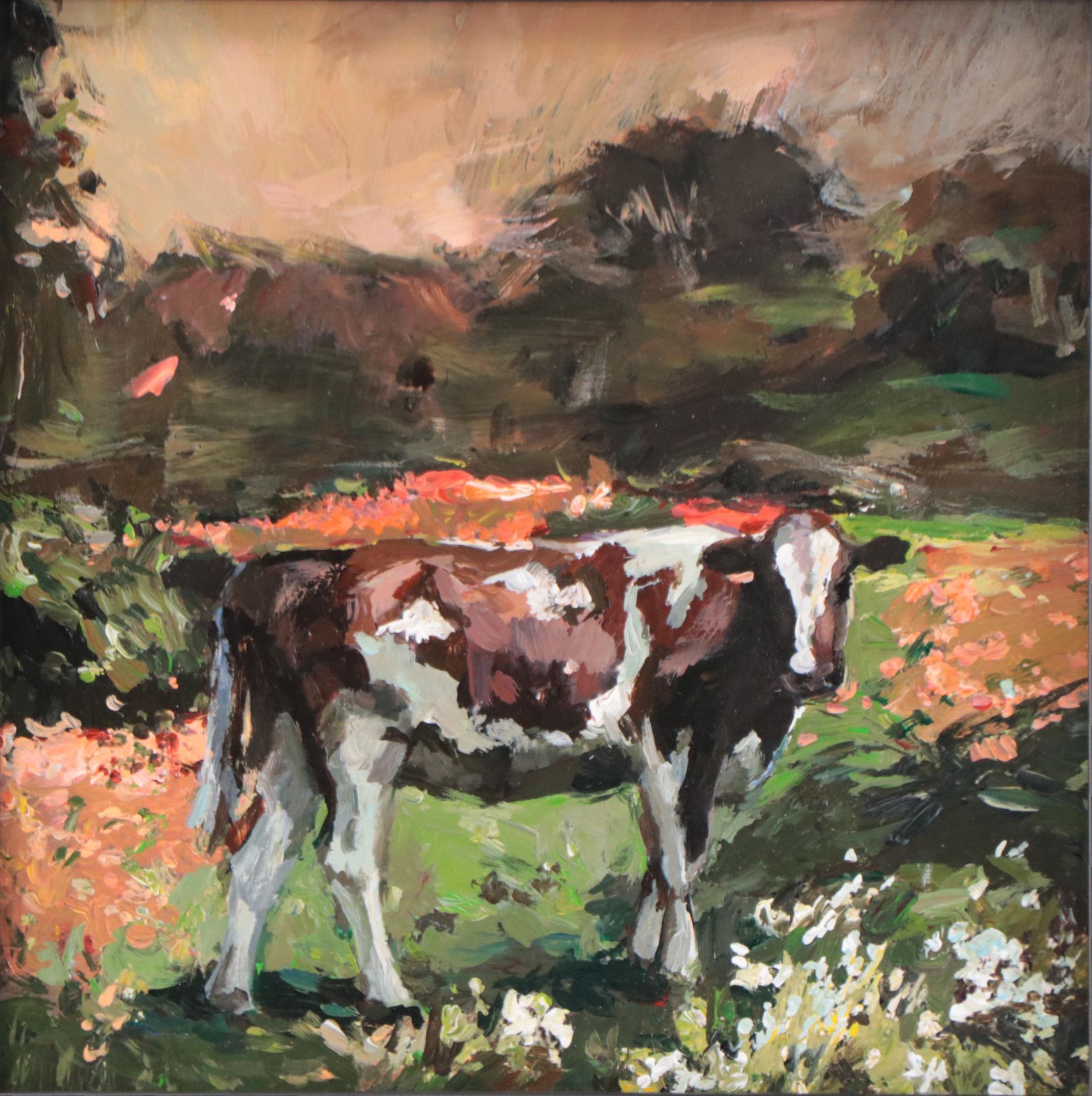 Agnes Rey Oil Painting of a Landscape with a Cow, 2023