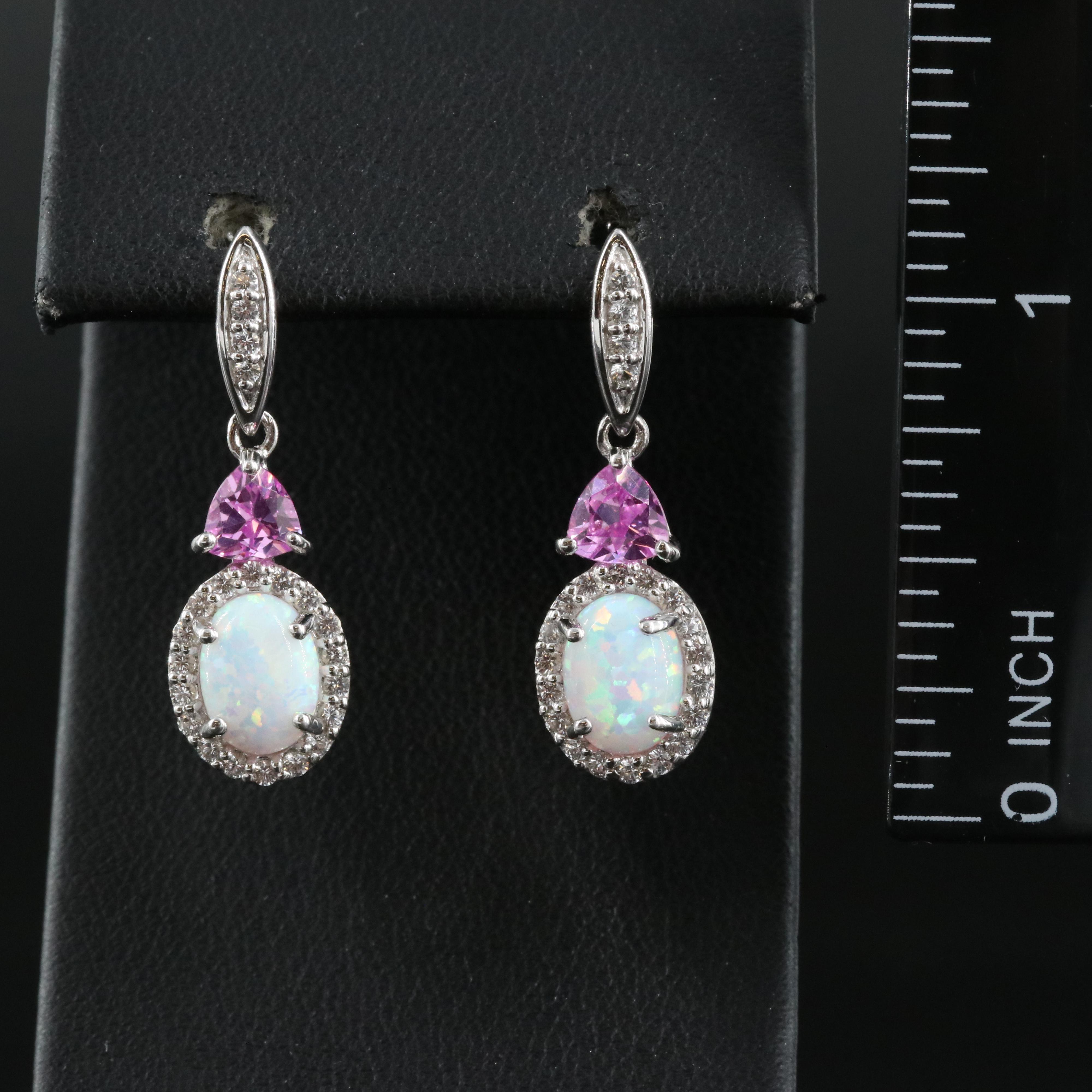 Sterling Lab Grown Opal, Lab Grown Pink Sapphire and White Sapphire Earrings