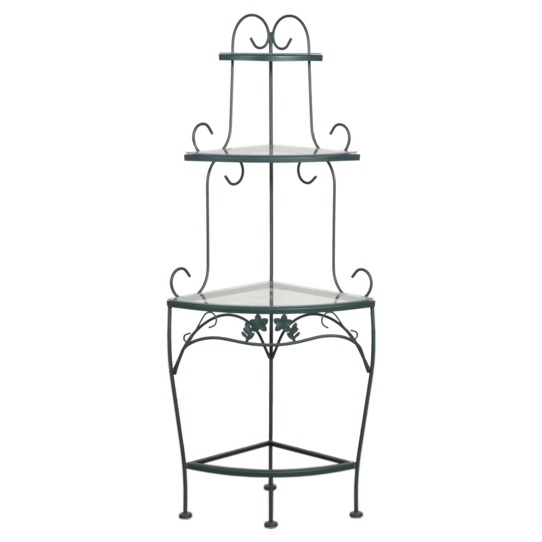 Scrolled Metal and Glass Shelf Tiered Corner Étagère