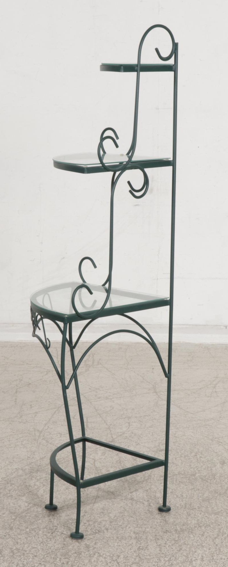 Scrolled Metal and Glass Shelf Tiered Corner Étagère