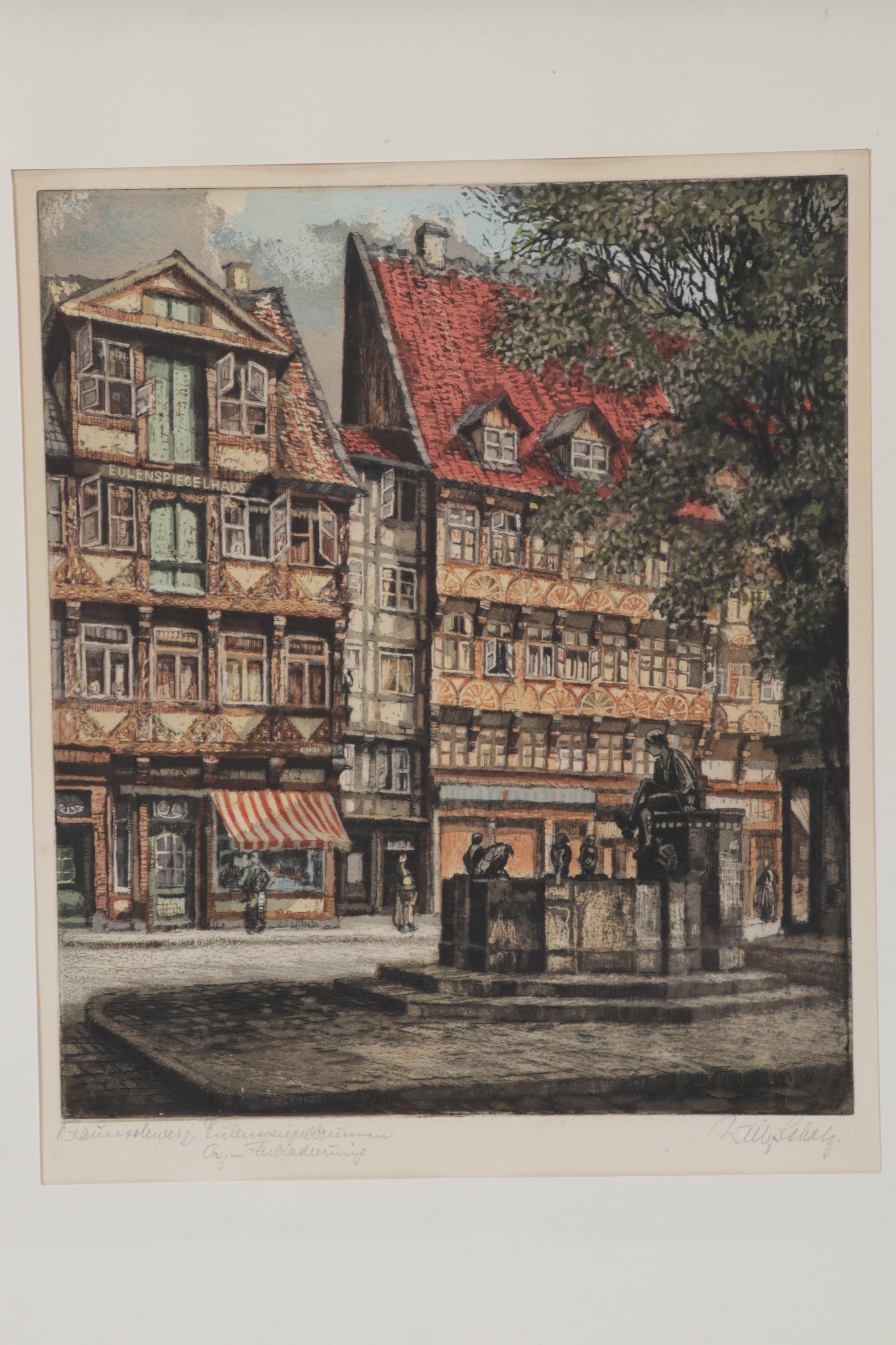 Willy Scholz Color Etching "Braunschweig Spiegelbrunnen"