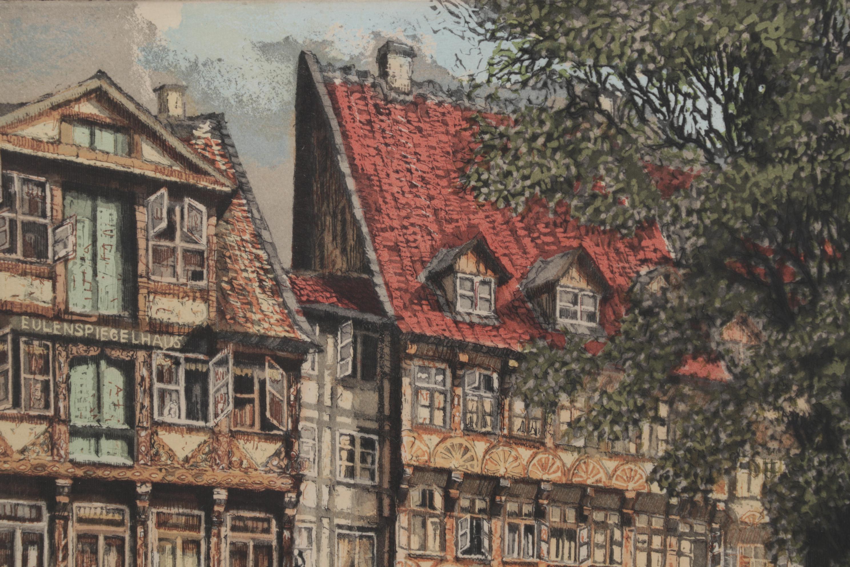 Willy Scholz Color Etching "Braunschweig Spiegelbrunnen"