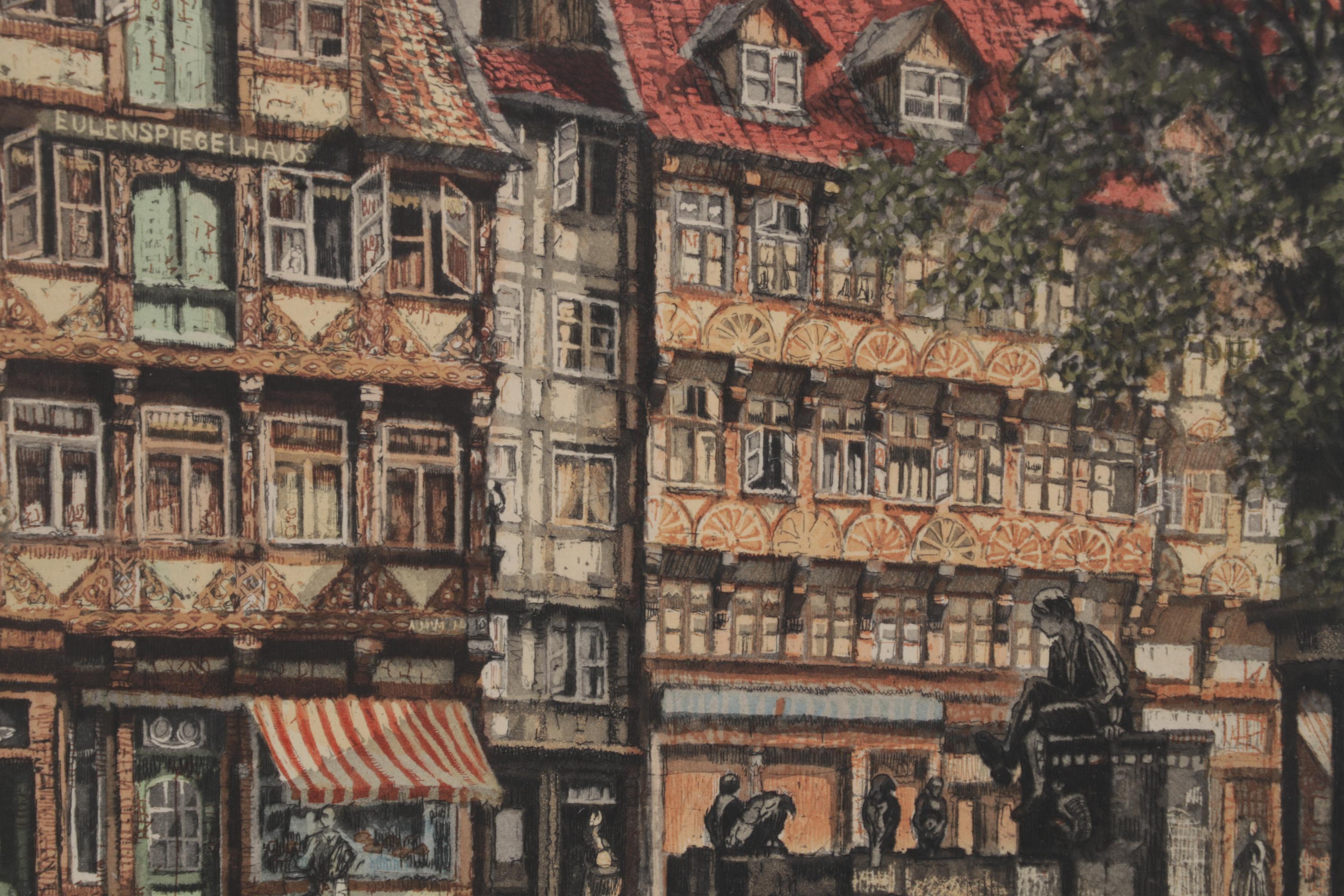 Willy Scholz Color Etching "Braunschweig Spiegelbrunnen"