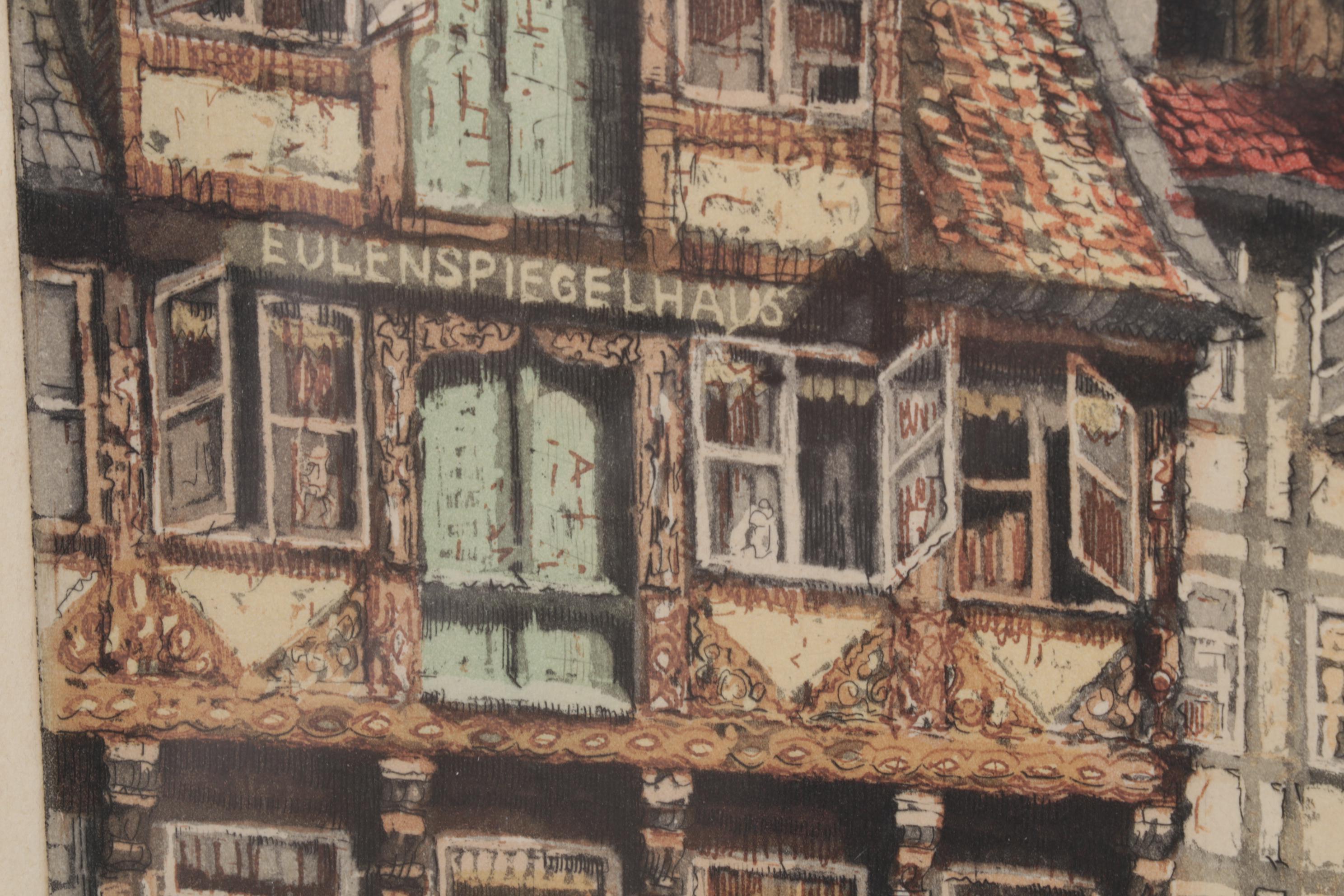 Willy Scholz Color Etching "Braunschweig Spiegelbrunnen"