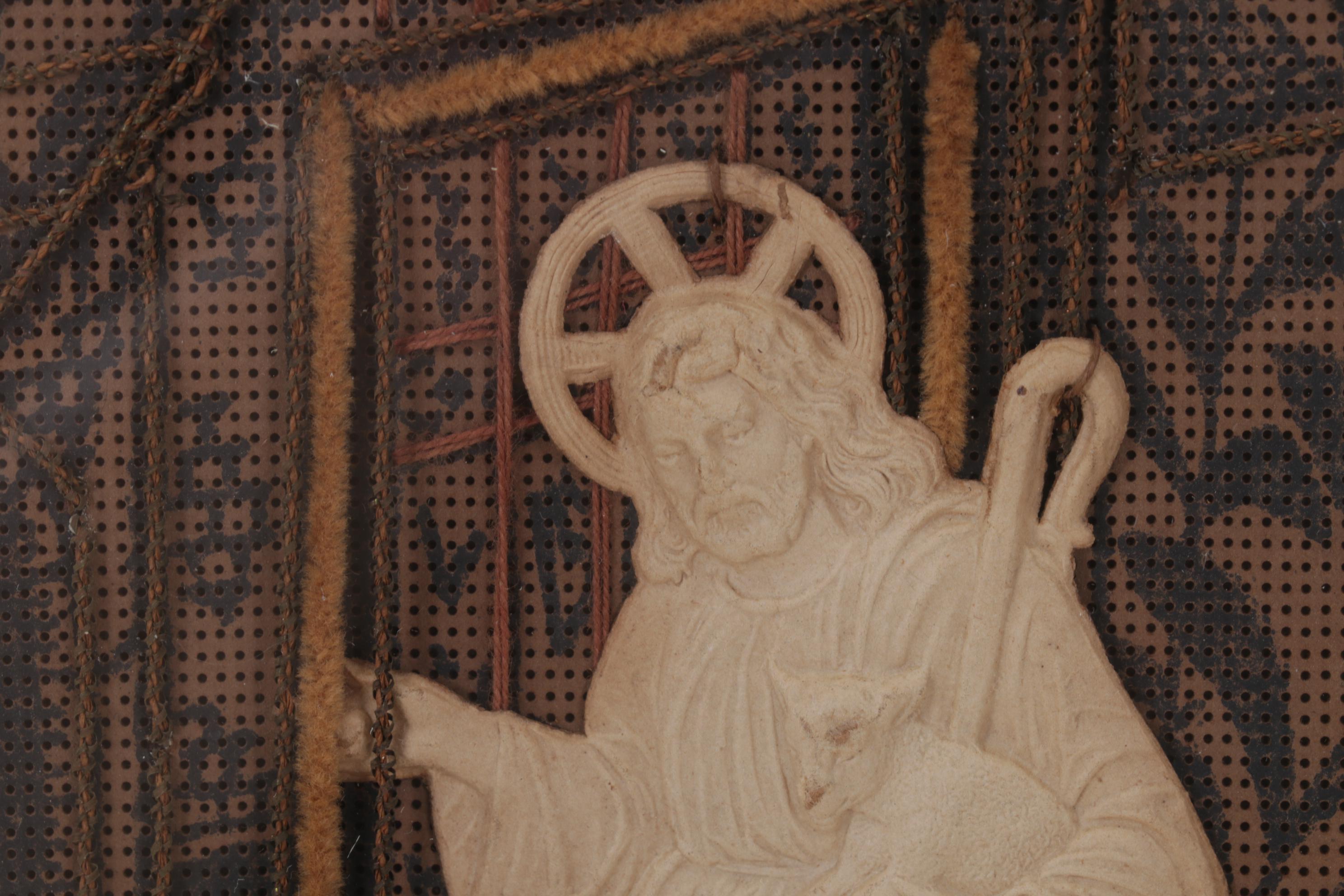 German Religious Folk Art Needlepoint and Mixed Media Wall Hanging