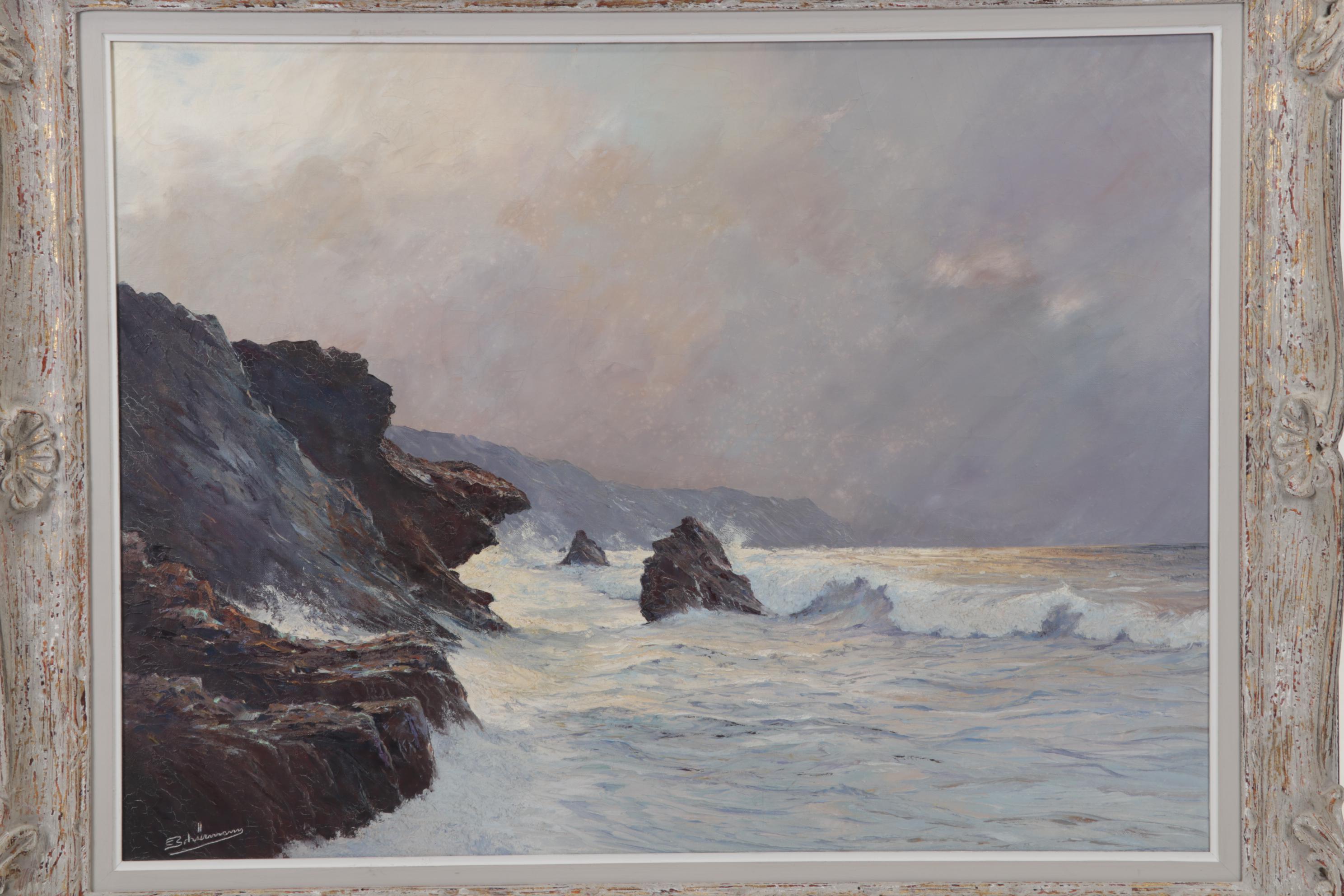 E. Schümann Gathering Clouds on Rocky Coast Oil Painting, Late 20th Century