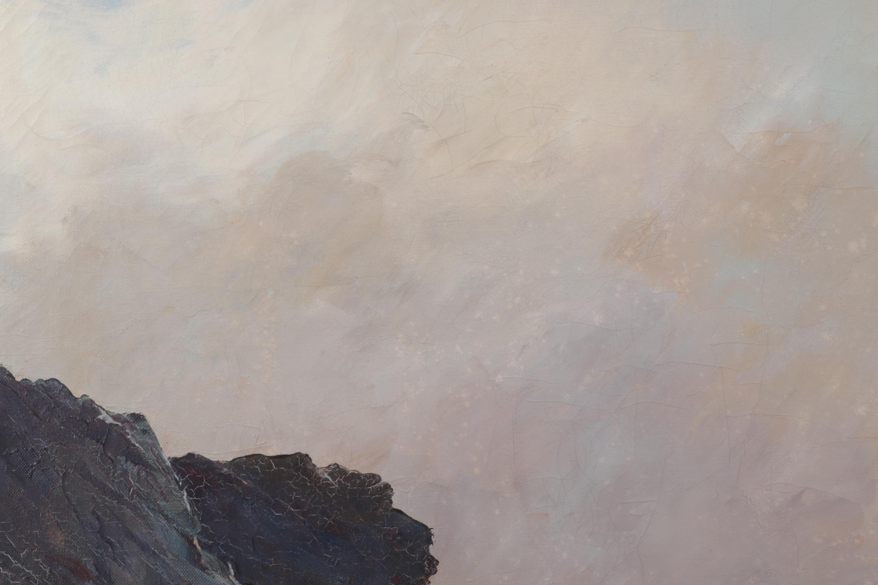 E. Schümann Gathering Clouds on Rocky Coast Oil Painting, Late 20th Century