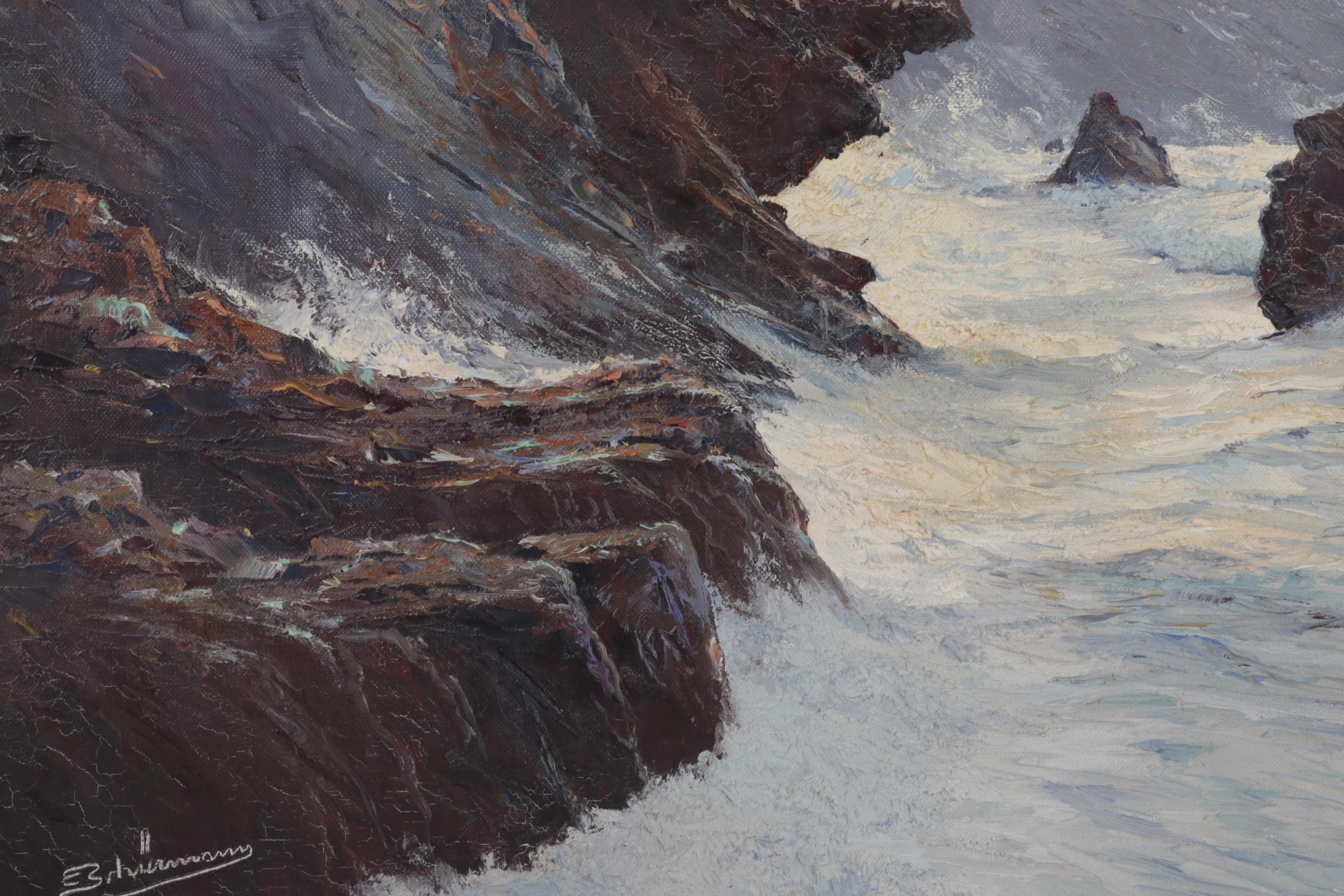 E. Schümann Gathering Clouds on Rocky Coast Oil Painting, Late 20th Century