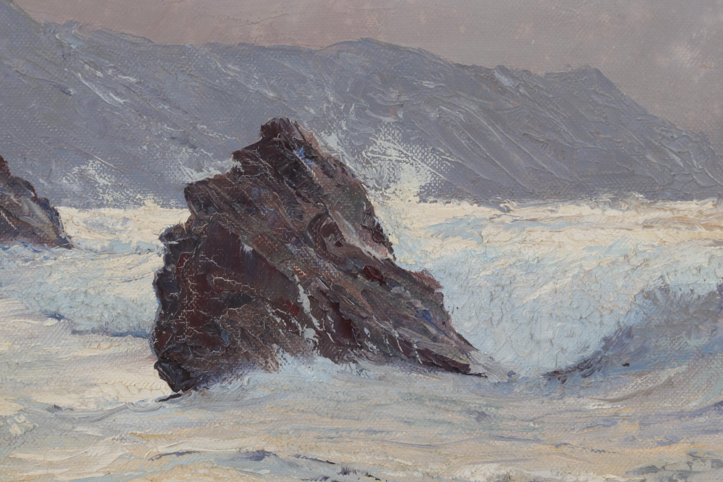 E. Schümann Gathering Clouds on Rocky Coast Oil Painting, Late 20th Century