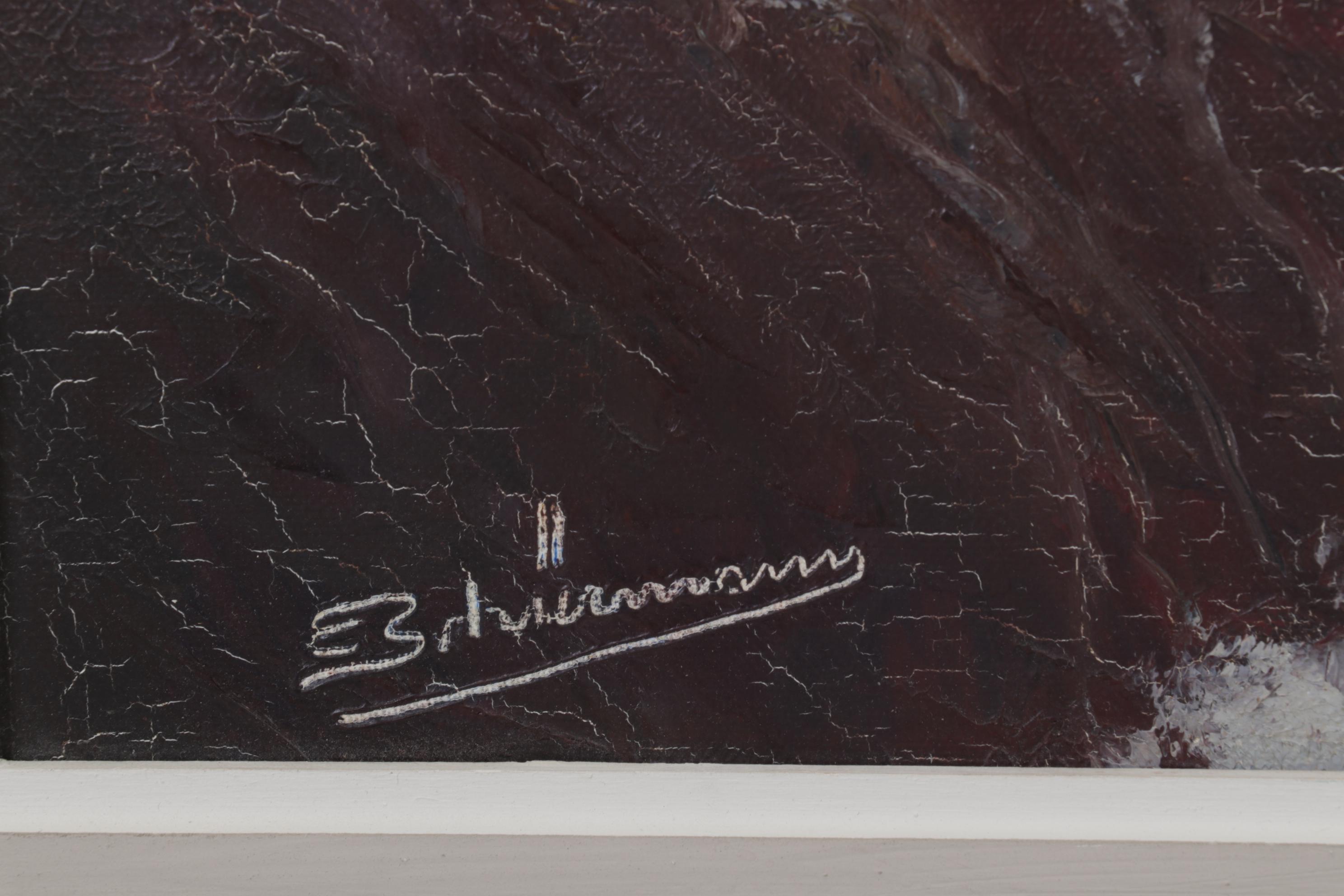 E. Schümann Gathering Clouds on Rocky Coast Oil Painting, Late 20th Century