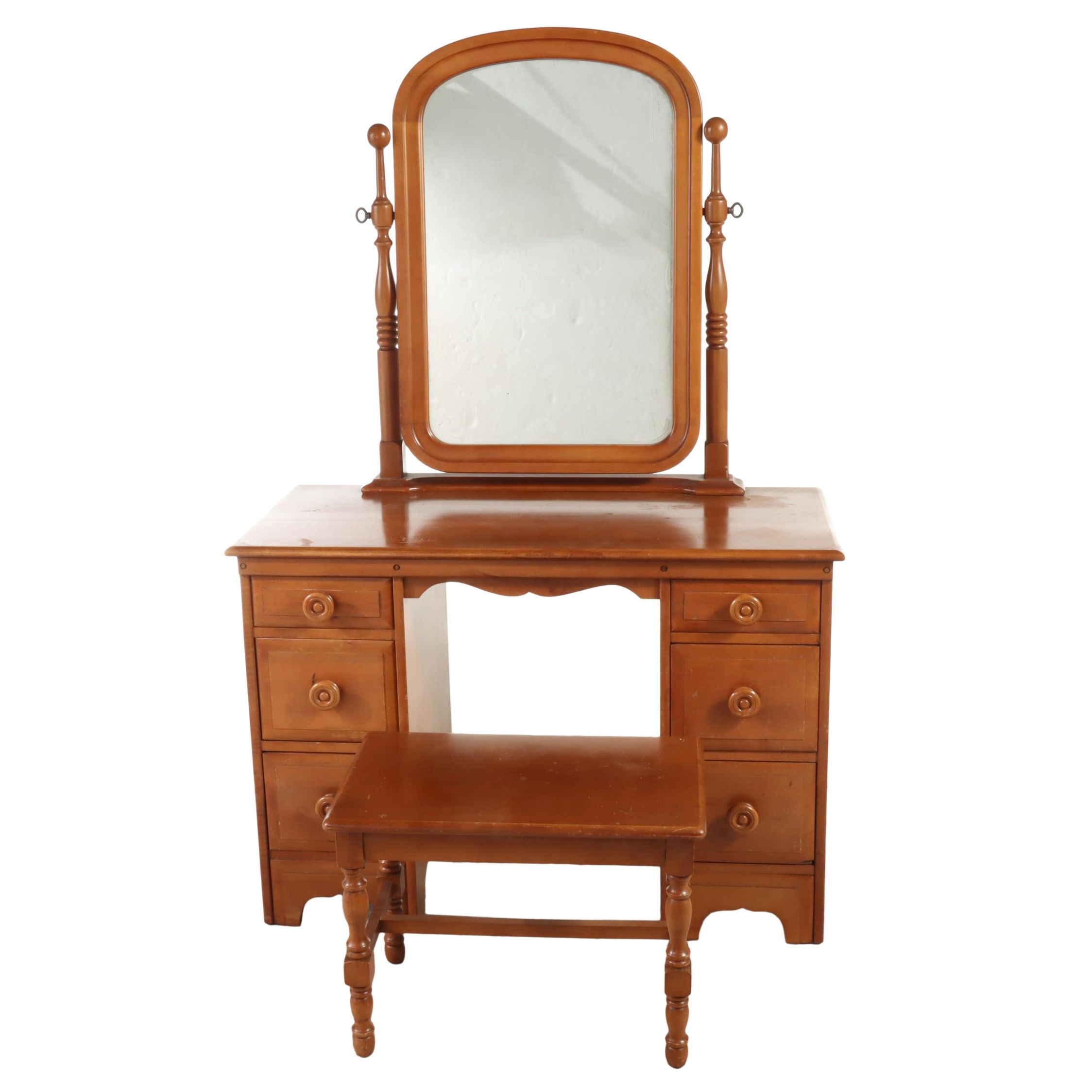American Colonial Style Maple Vanity Table and Stool, Mid-20th Century