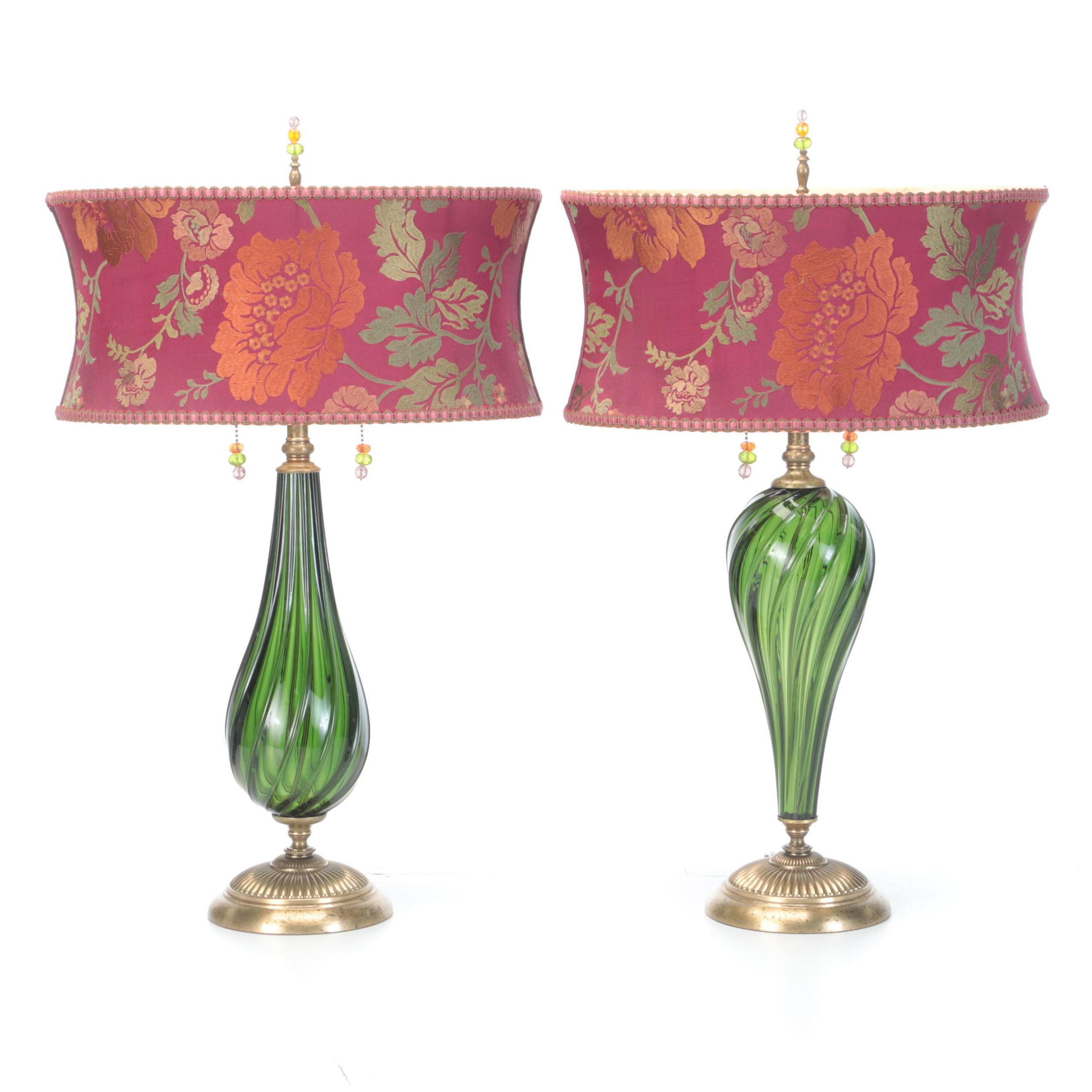 Kinzig Designs "Margot" Green Blown Glass Table Lamps with Silk Shades