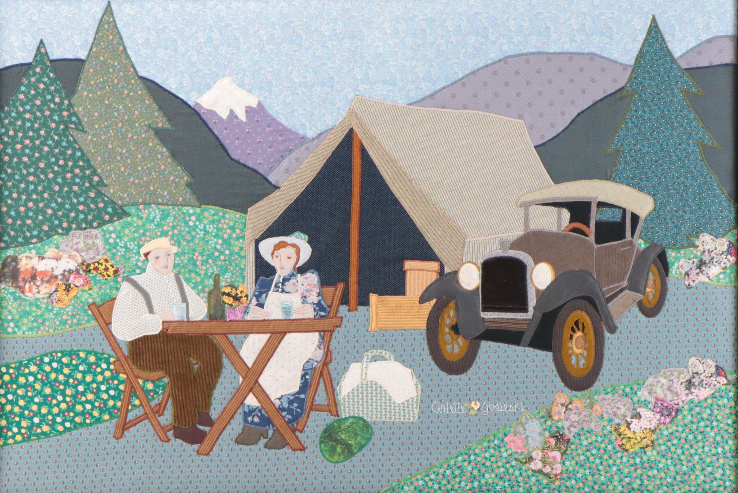 Arlette Gosieski Folk Art Applique Quilt "Camping at Fillius Park," 1985