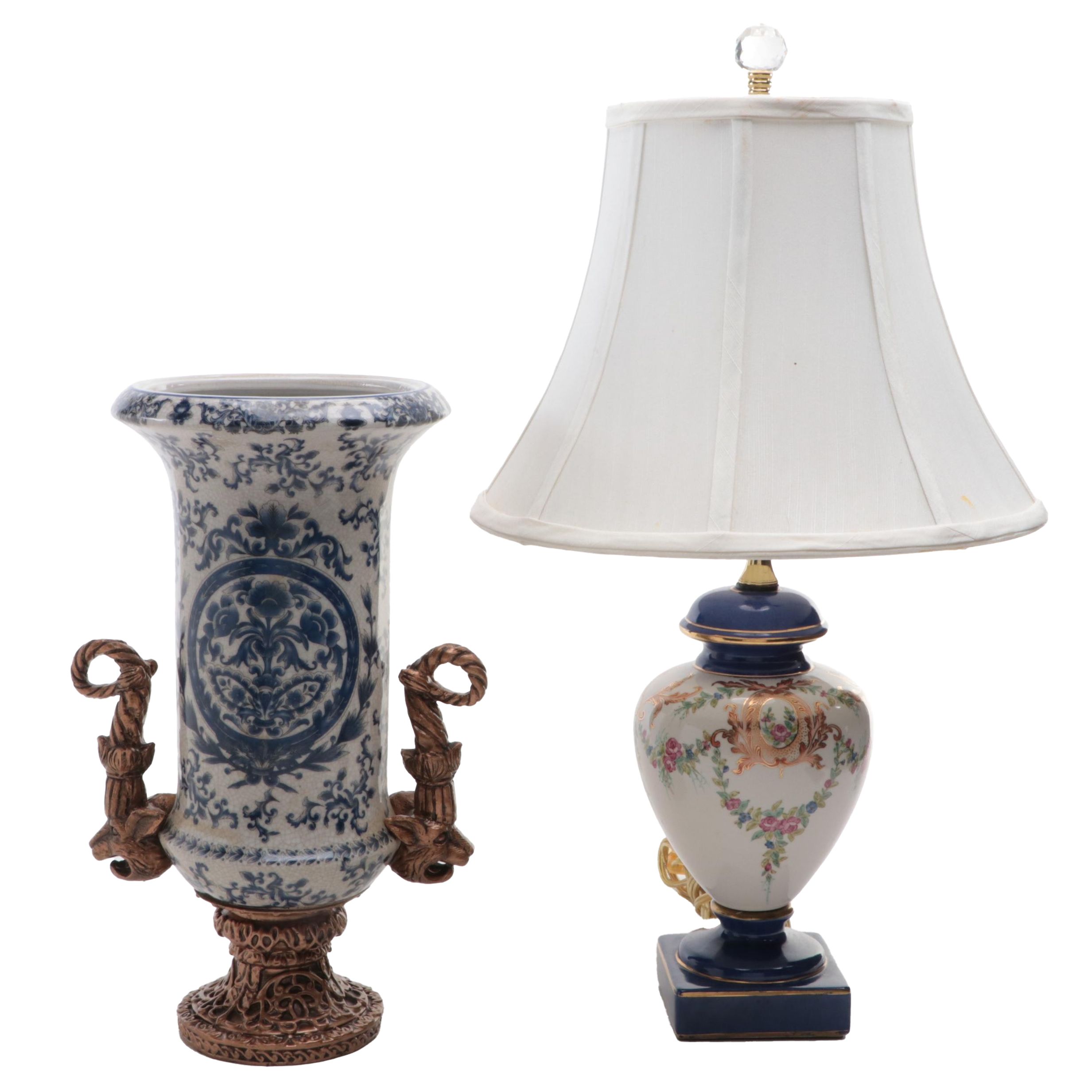 Hand-Painted Cobalt and Floral Ceramic Table Lamp With Blue and White Urn