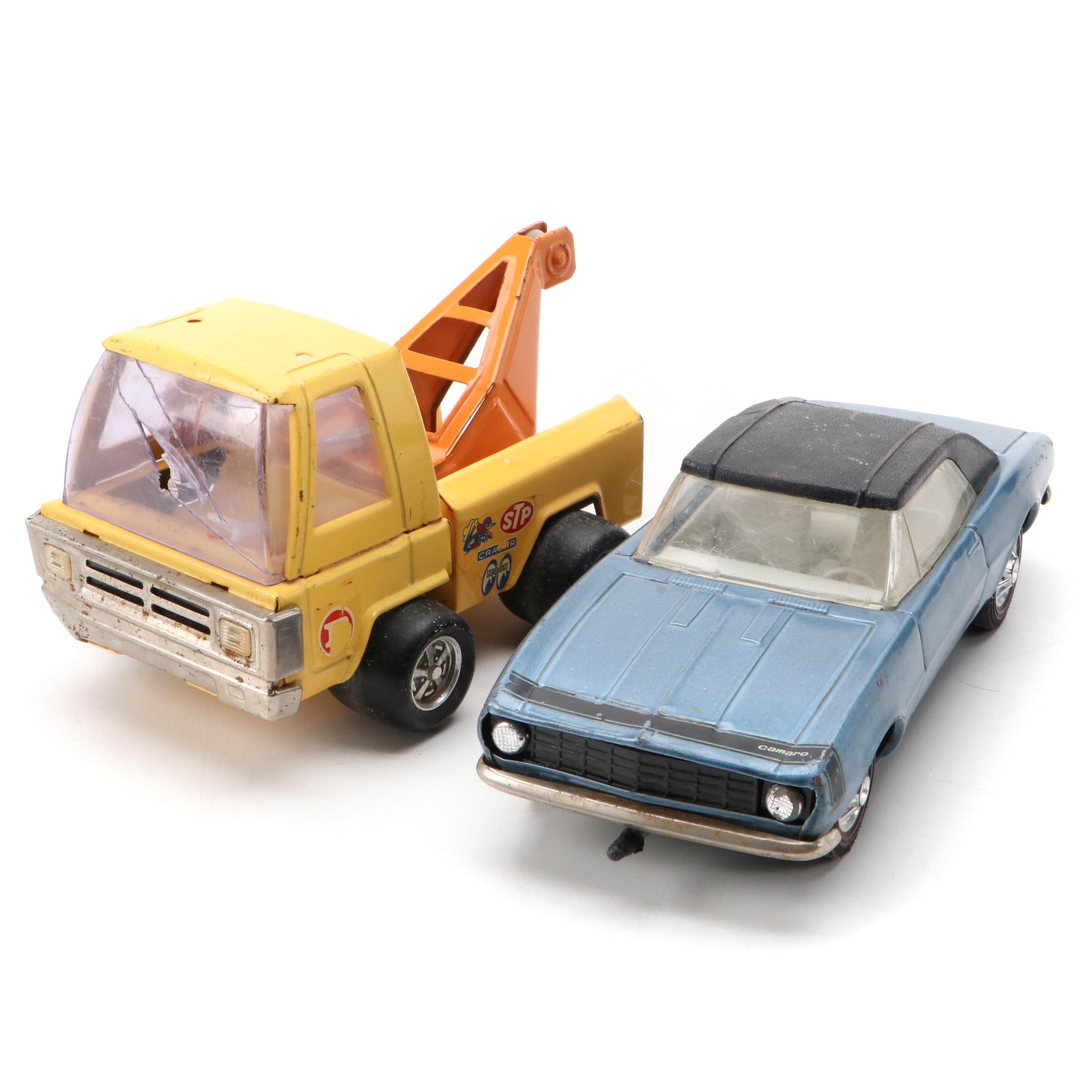 Japanese Diecast 1967 Camaro with Flip-Up Headlights and Yellow Tow Truck