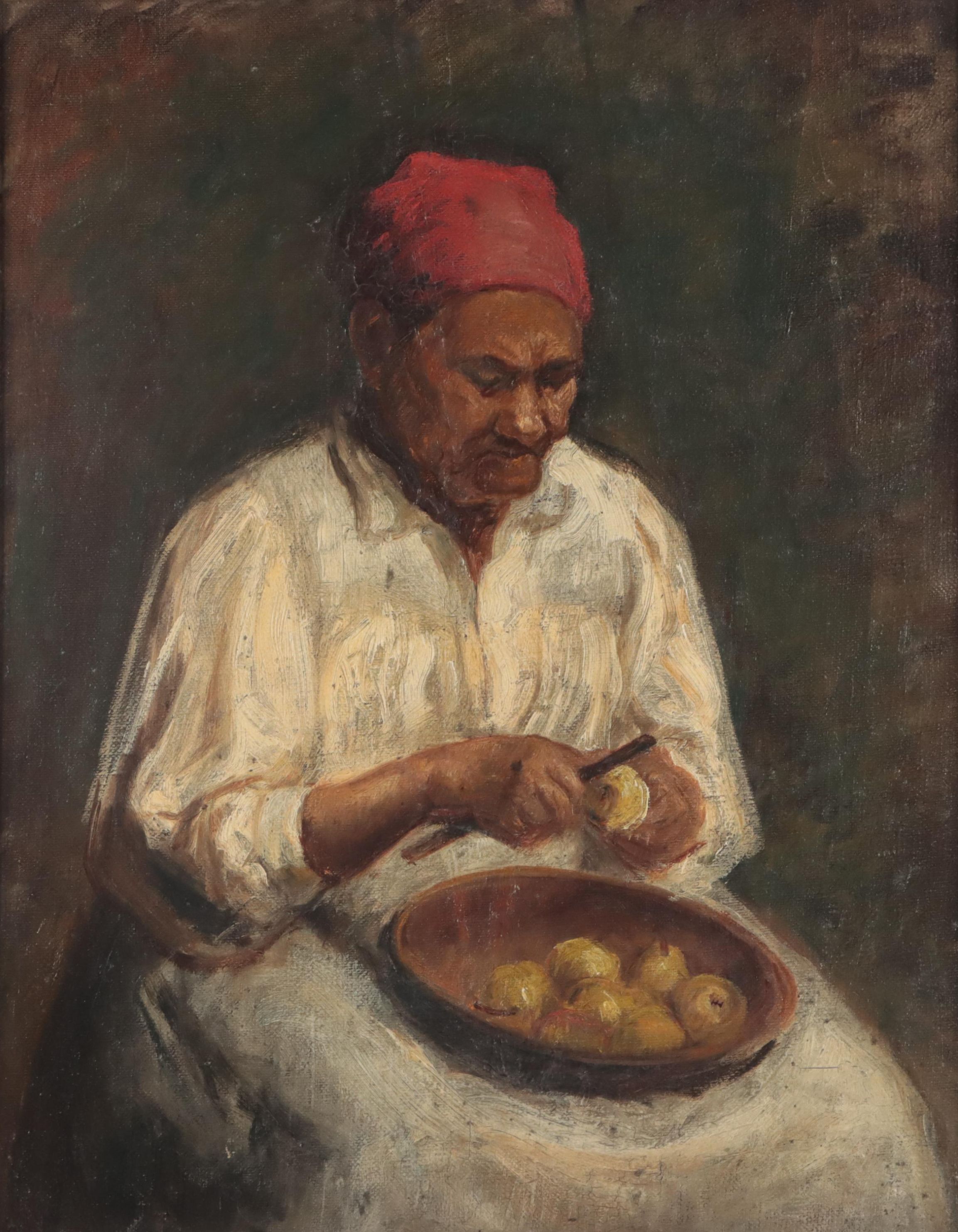 Oil Painting of Figure Peeling Fruit
