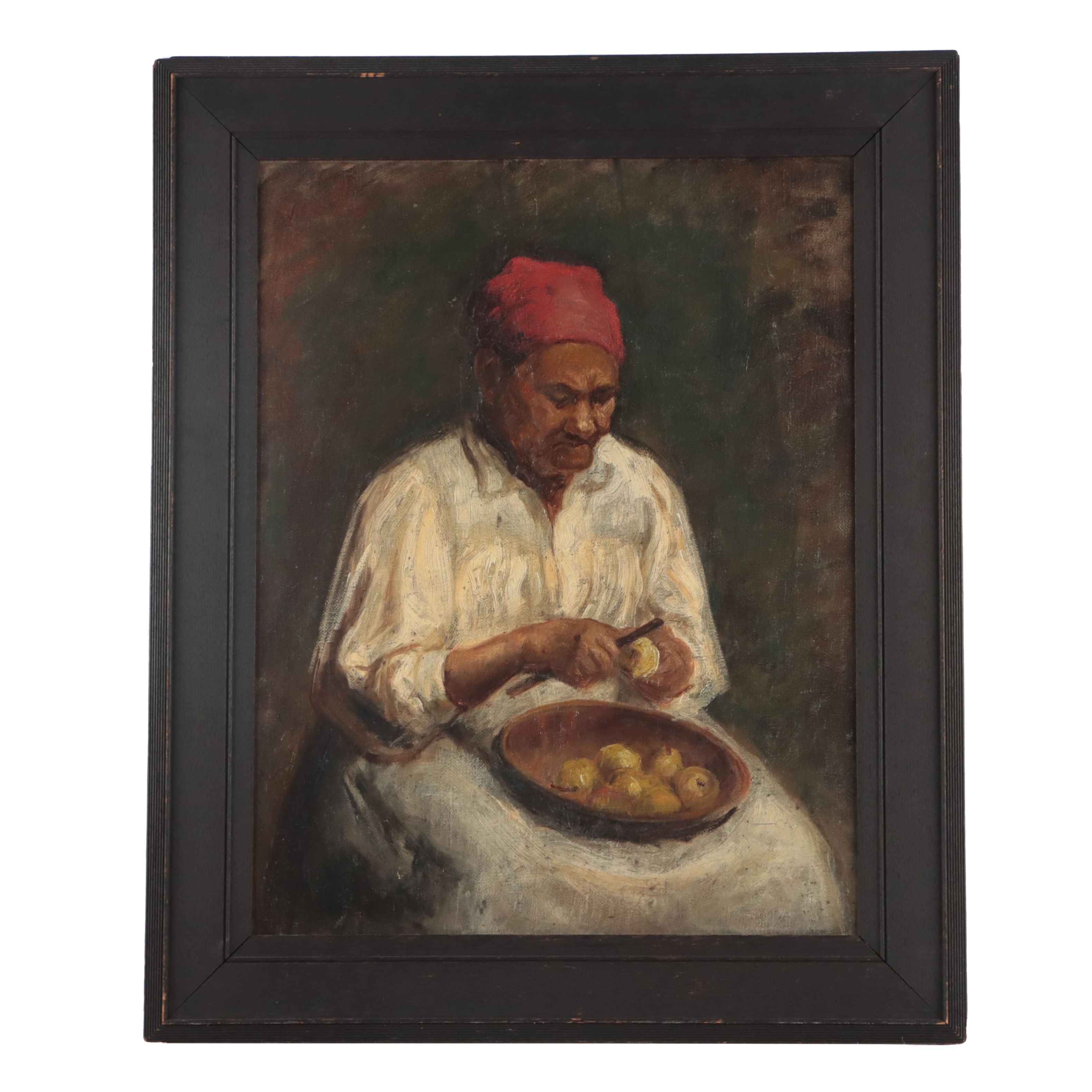 Oil Painting of Figure Peeling Fruit