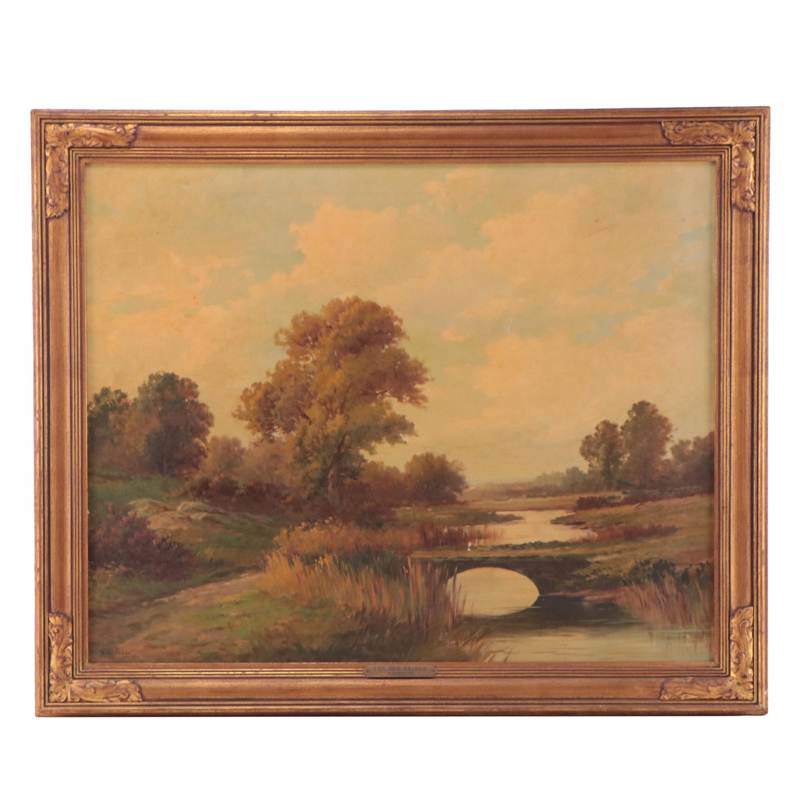 A. Spencer Country Landscape Oil Painting "The Old Bridge"
