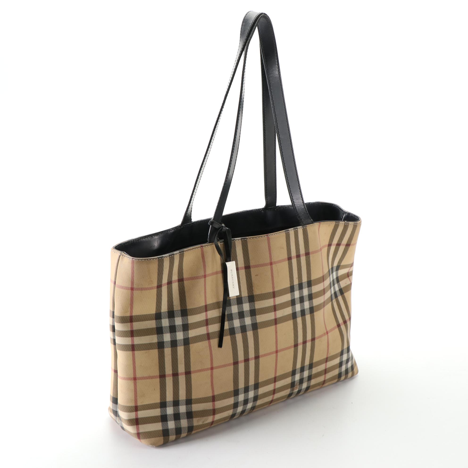 Burberry Tote Bag in Nova Check Canvas and Black Leather Trim